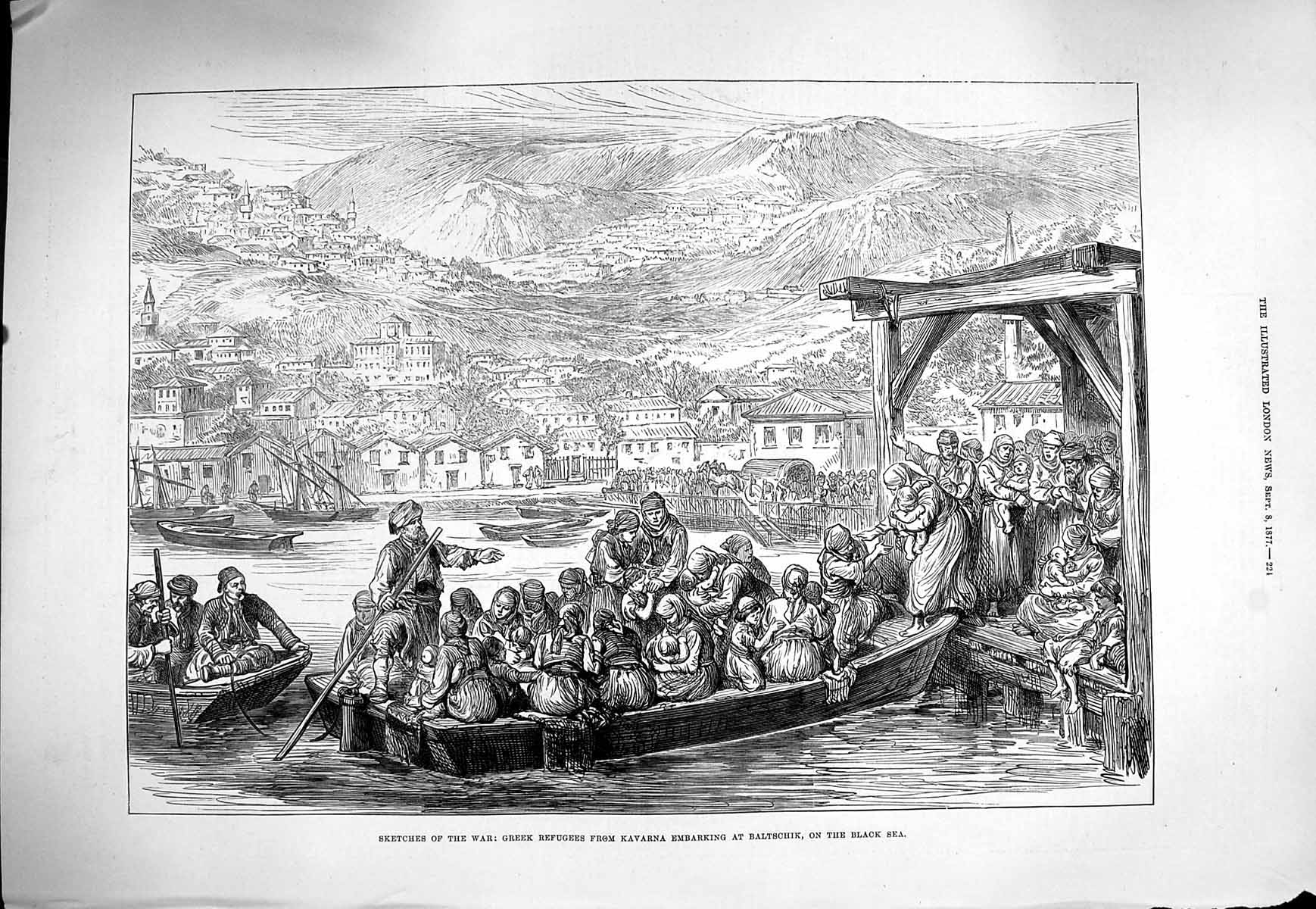 Original Old Antique Print 1877 War Greek Refugees Kavarna Baltschik Black Sea