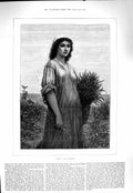 Original Old Antique Print 1877 Portrait Beautiful Girl Ruth Hay-Making 19th
