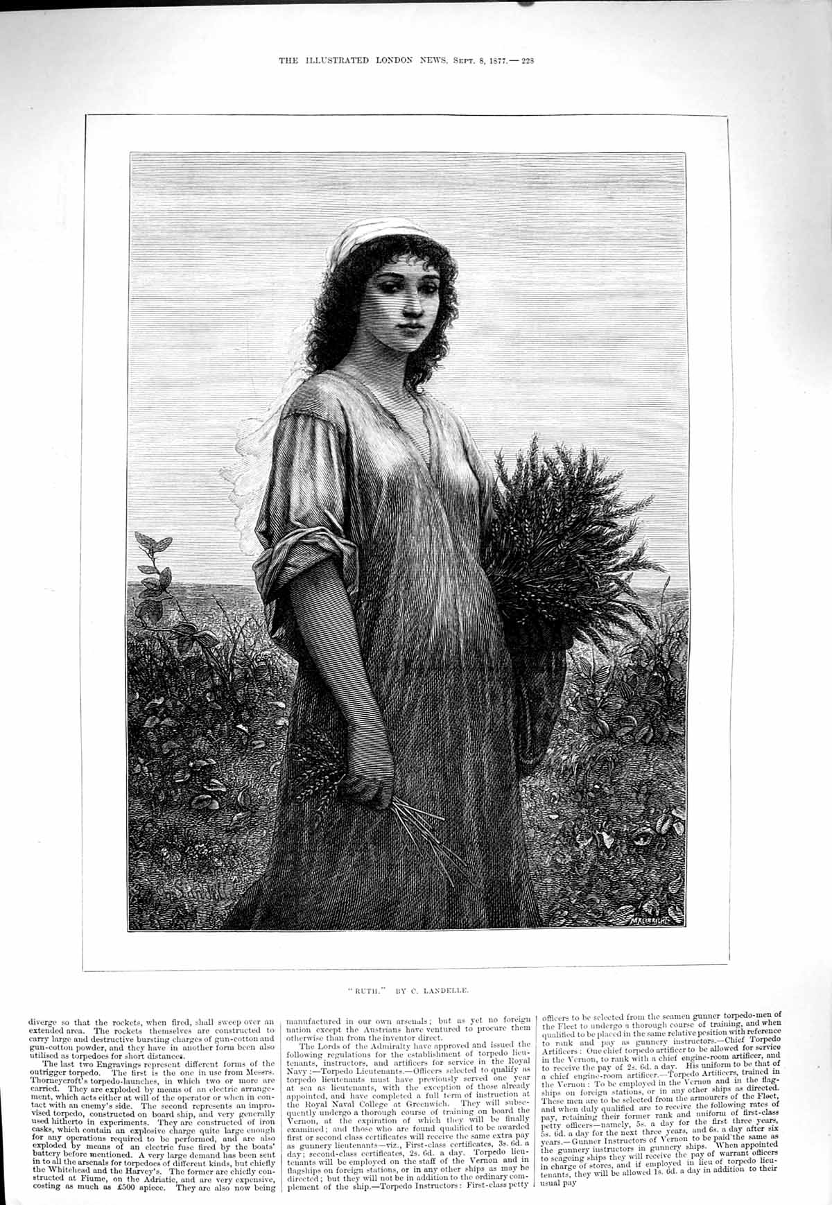 Original Old Antique Print 1877 Portrait Beautiful Girl Ruth Hay-Making 19th