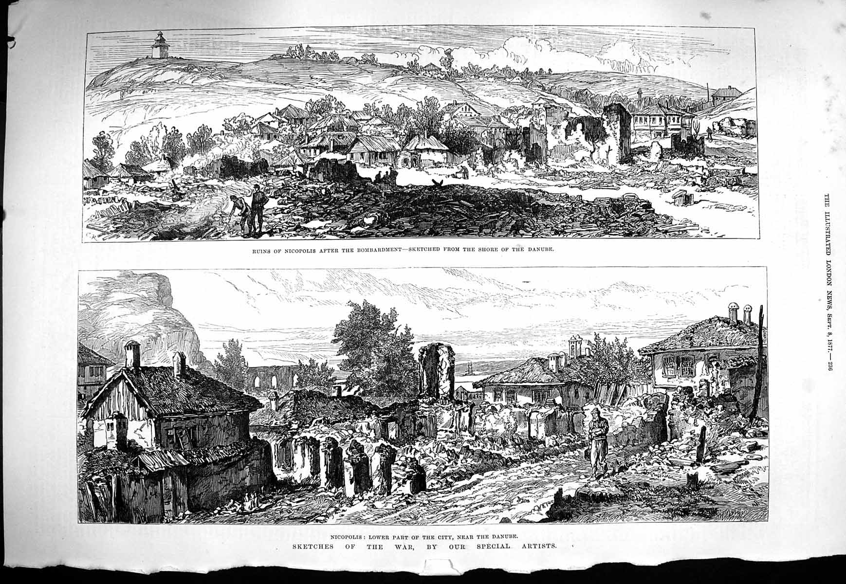 Original Old Antique Print 1877 War Ruins Nicopolis Bombardment Danube 19th