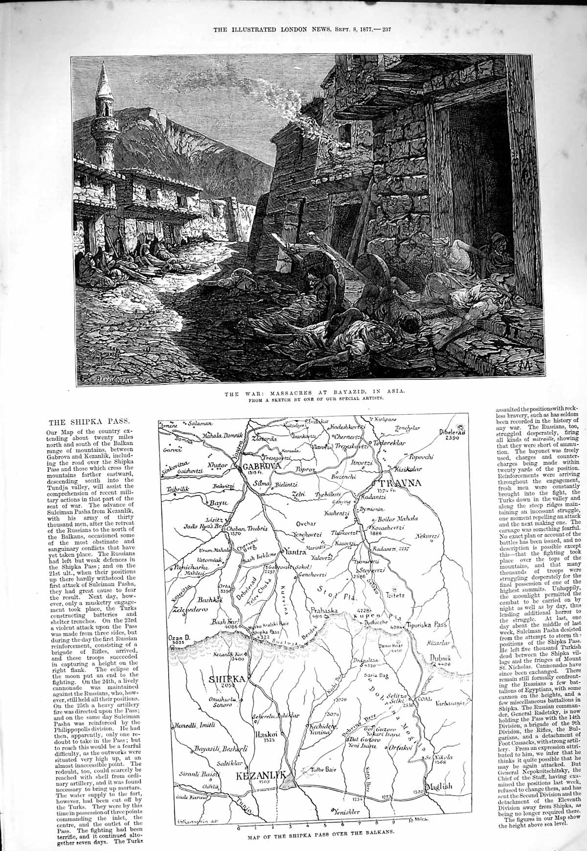 Antique Print *4027 1877 War Massacres Bayazid Asia Map Shipka Pass Balkans