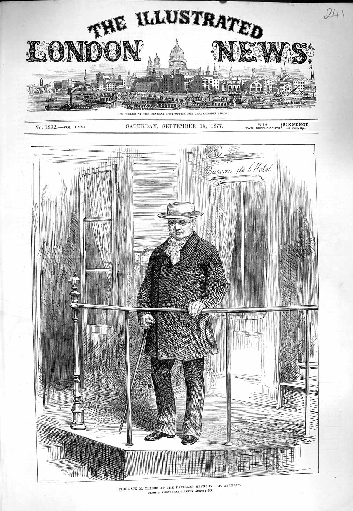 Original Old Antique Print 1877 Portrait Thiers Pavillon Henri Iv. St. Germain