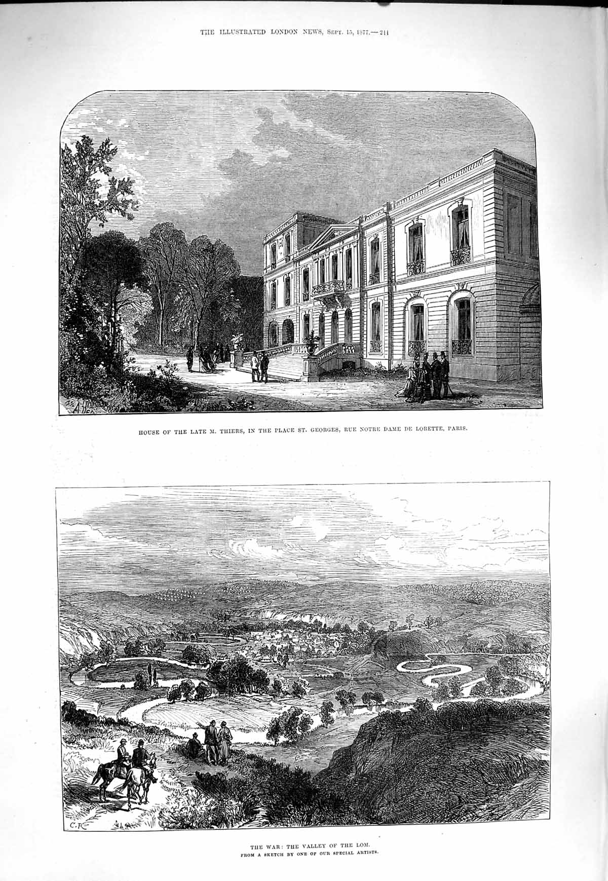 Original Old Antique Print 1877 House Thiers Place Georges Paris War Valley Lom