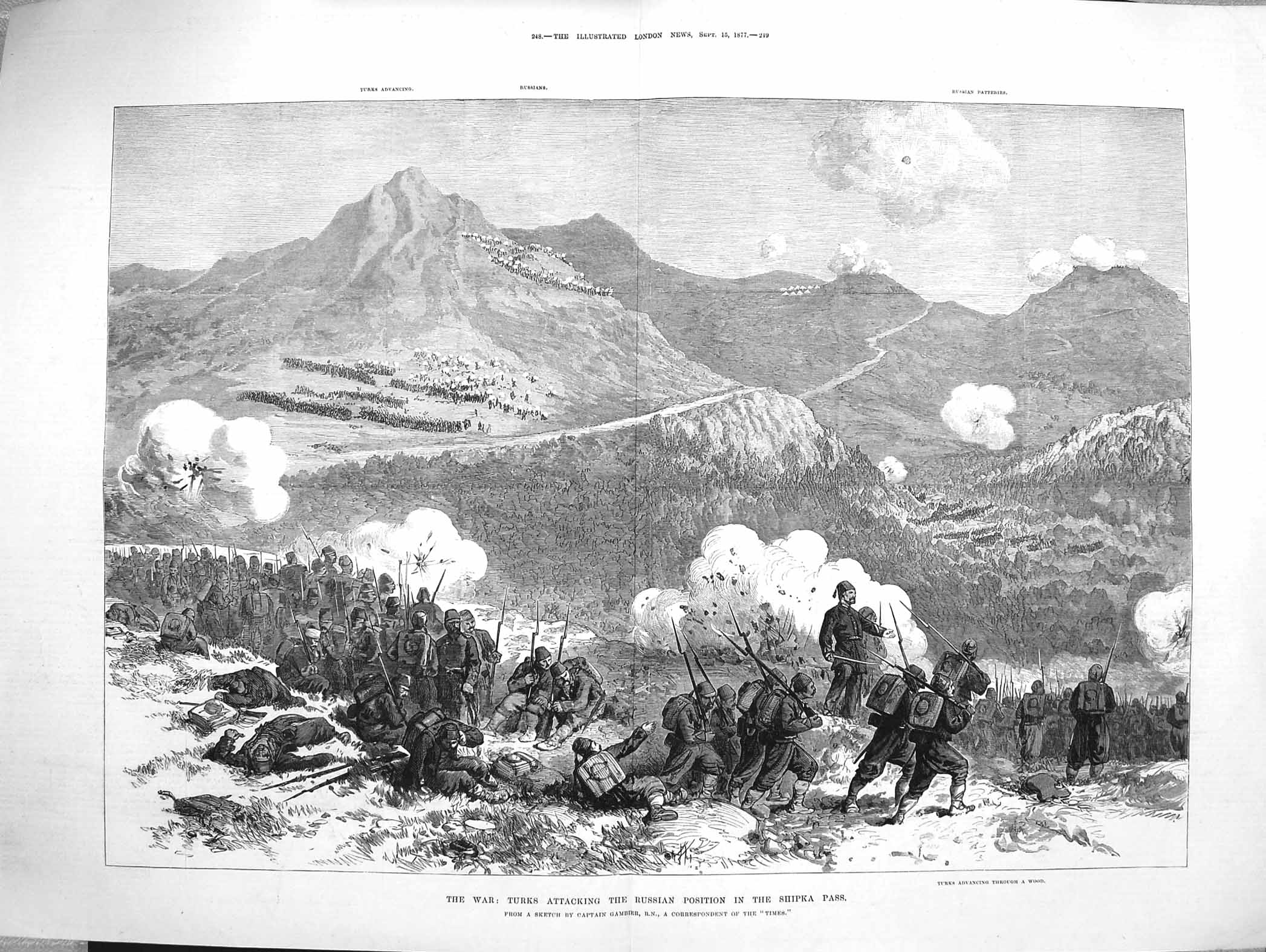 Original Old Antique Print 1877 War Turks Attacking Russian Siers Shipka Pass