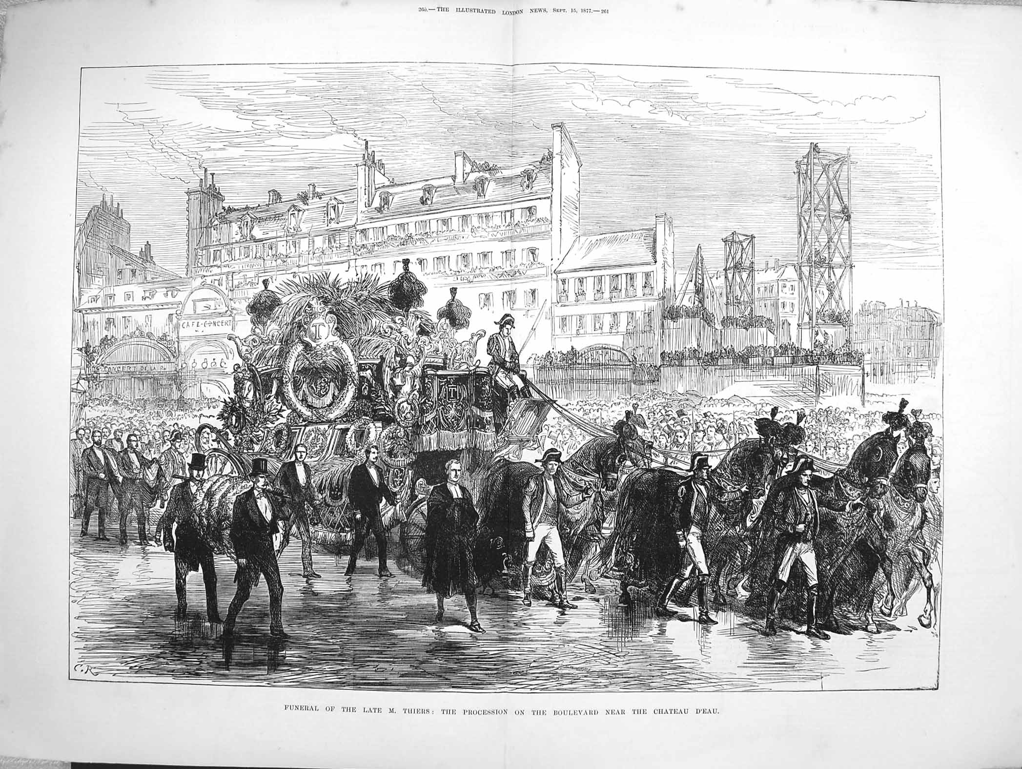 Antique Print *4034 1877 Funeral Thiers Procession Boulevard Chateau D'Eau