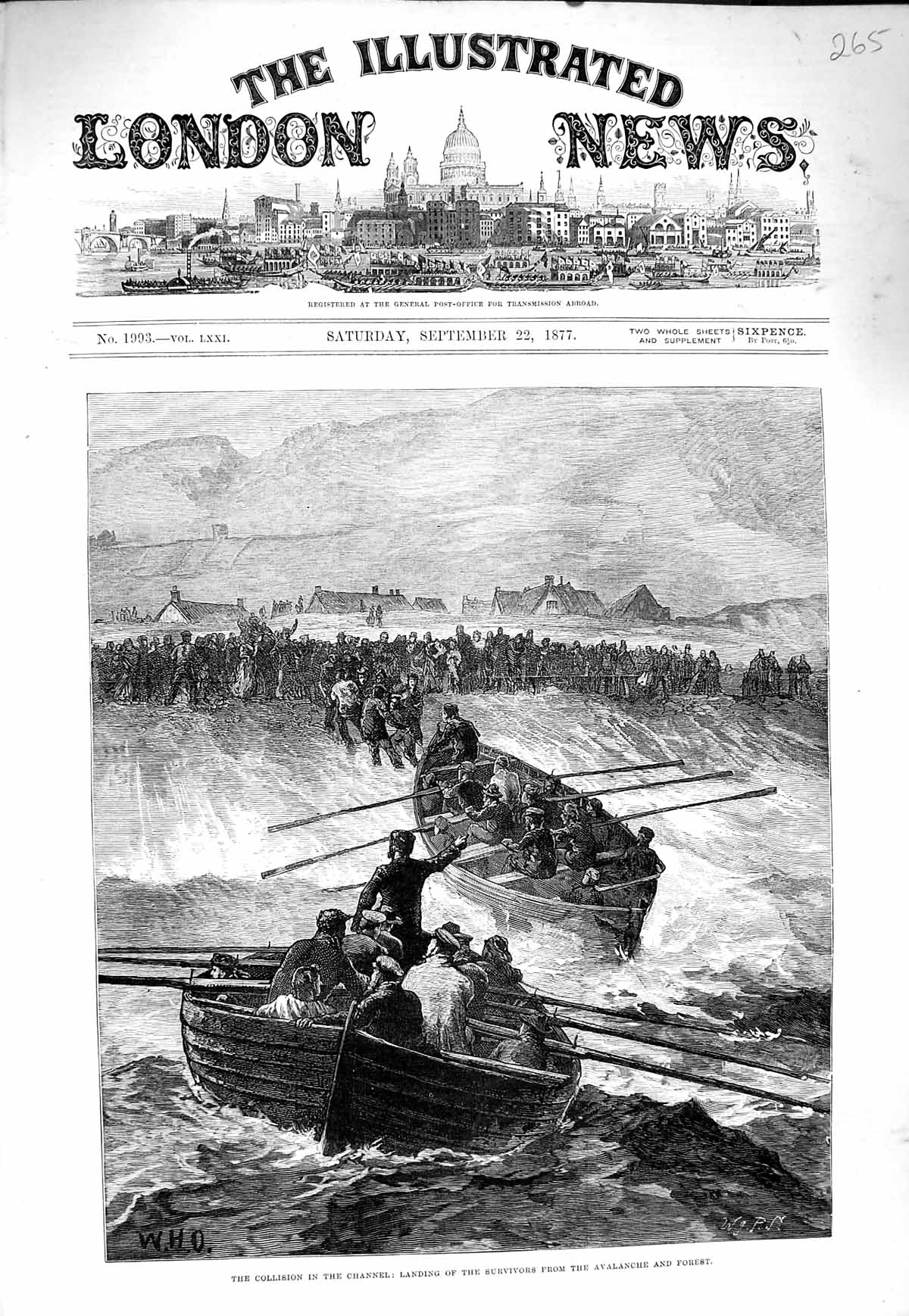 Original Old Antique Print 1877 Collision Channel Boats Avalanche Forest Chesil
