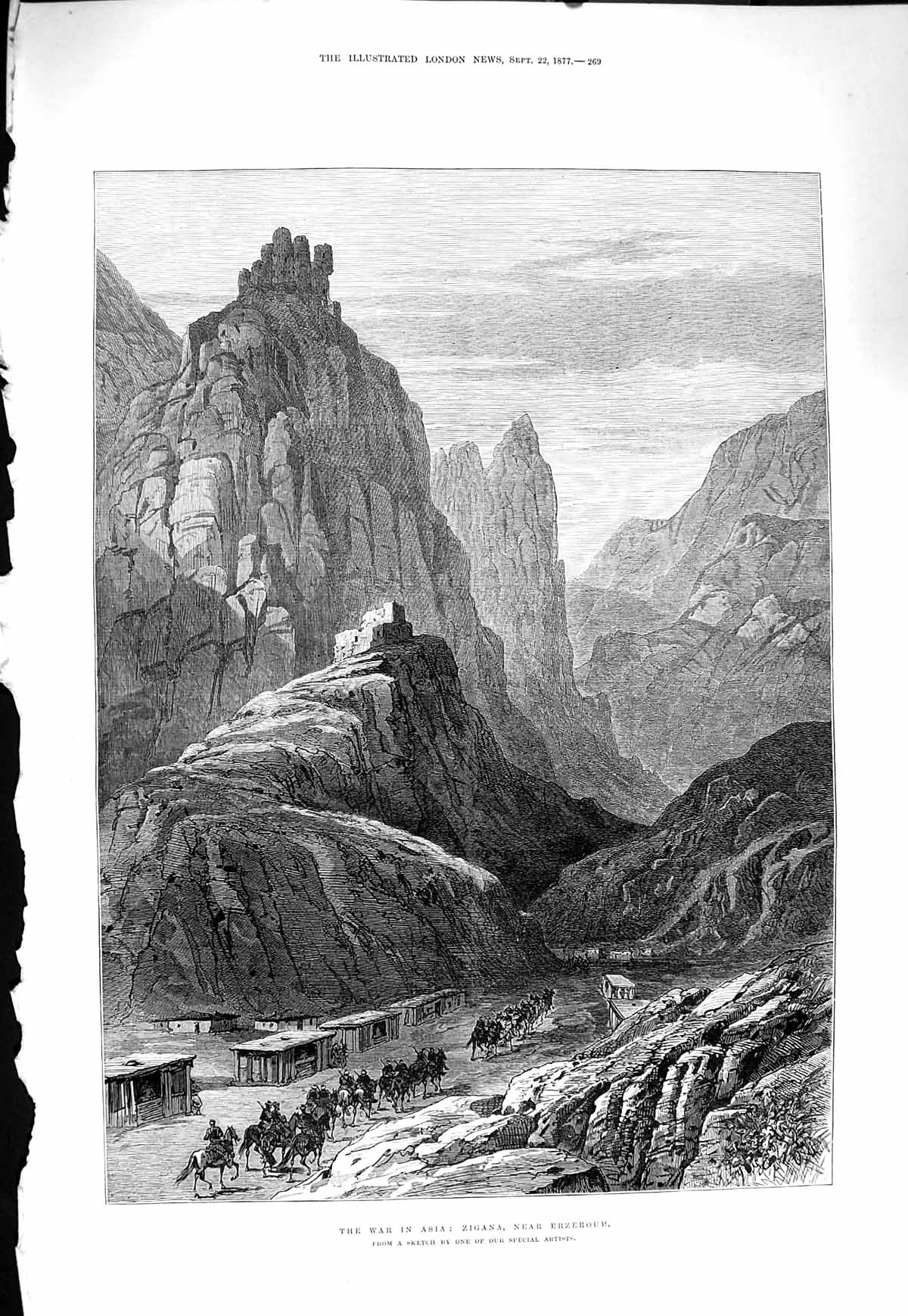 Original Old Antique Print 1877 War Asia Zigana Erzeroum Mountains Siers Horses