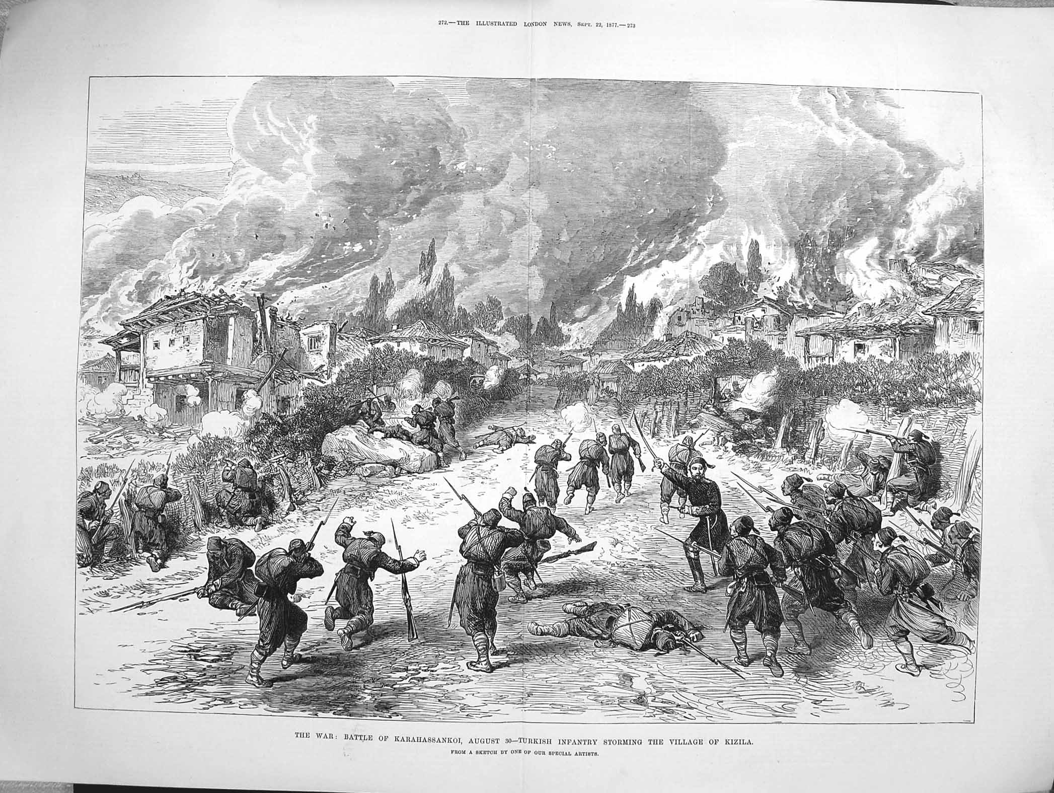 Antique Old Print *4035 1877 War Battle Karahassankoi Turkish Siers Kizila