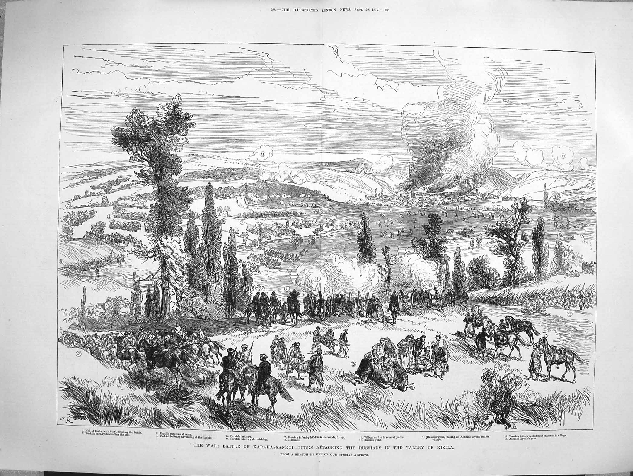 Original Old Antique Print 1877 War Battle Karahassankoi Turks Russians Kizila