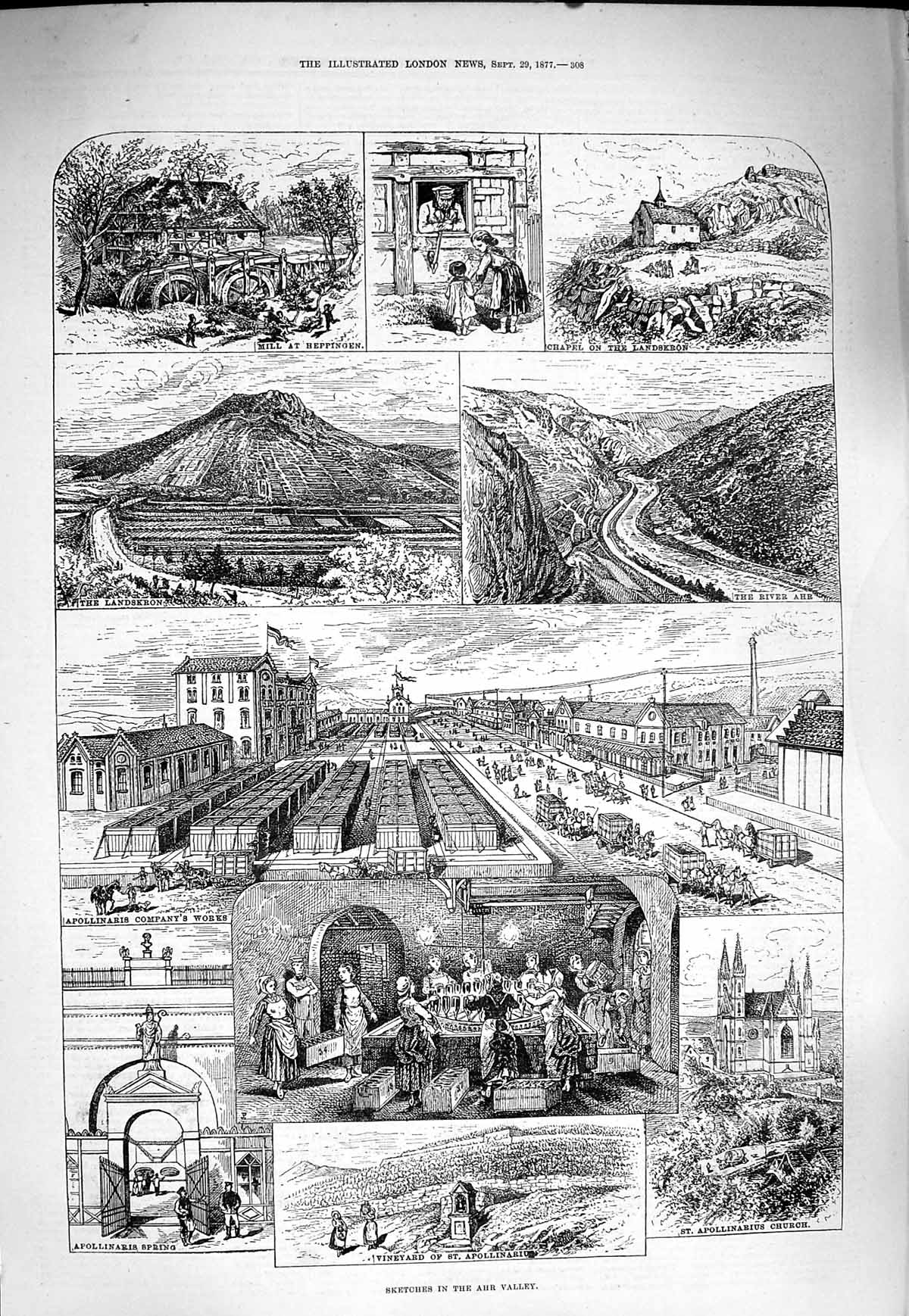 Original Old Antique Print 1877 Ahr Valley Apollinarius Church Ahrweiler Bu 19th