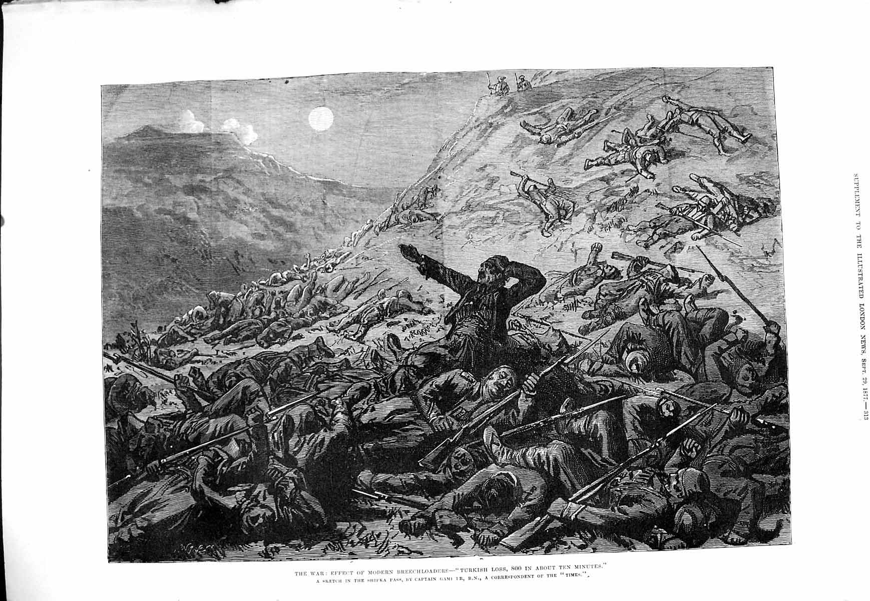 Original Old Antique Print 1877 War Effect Modern Breechloaders Dead Siers 19th