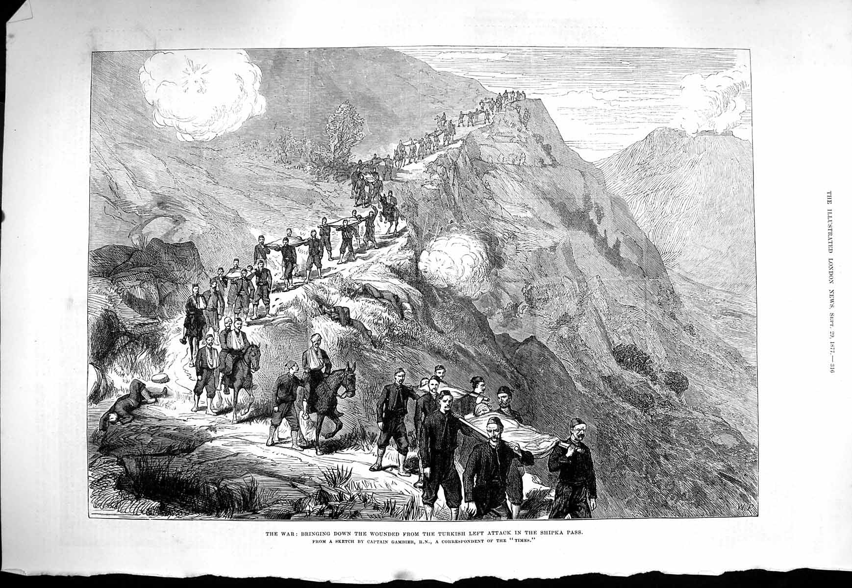 Original Old Antique Print 1877 War Bringing Wounded Shipka Pass Turkish Siers