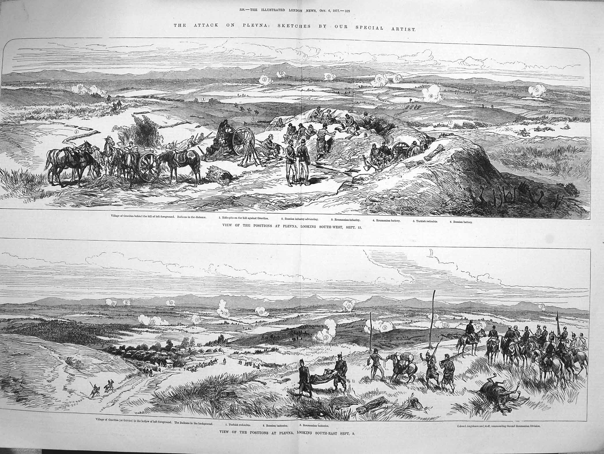 Original Old Antique Print 1877 War Plevna Village Gravitza Roumanian Siers
