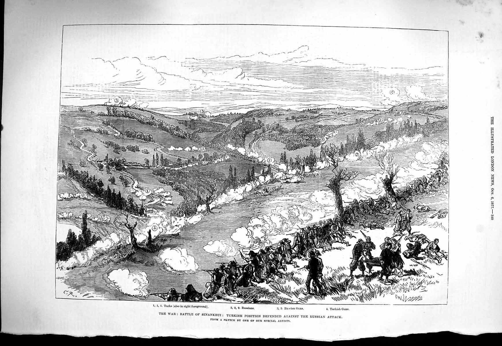 Original Old Antique Print 1877 War Battle Sinankeui Turkish Sier Russians Guns