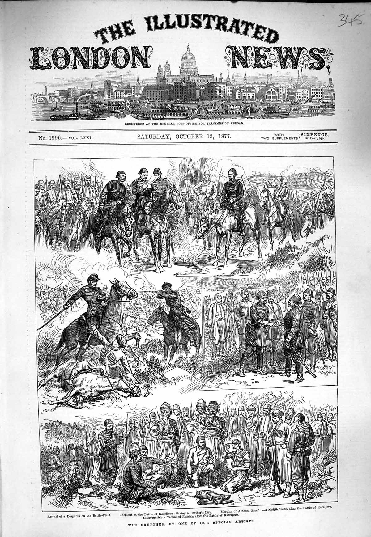 Original Old Antique Print 1877 War Battle Field Kaceljevo Achmed Eyoub Pasha
