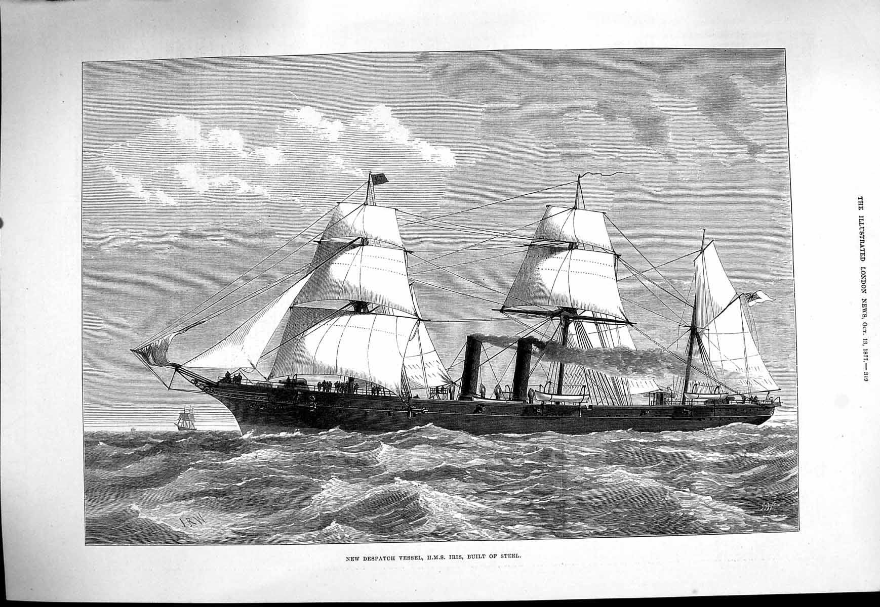 Original Old Antique Print 1877 Despatch Vessel Ship H.M.S. Iris Built Steel