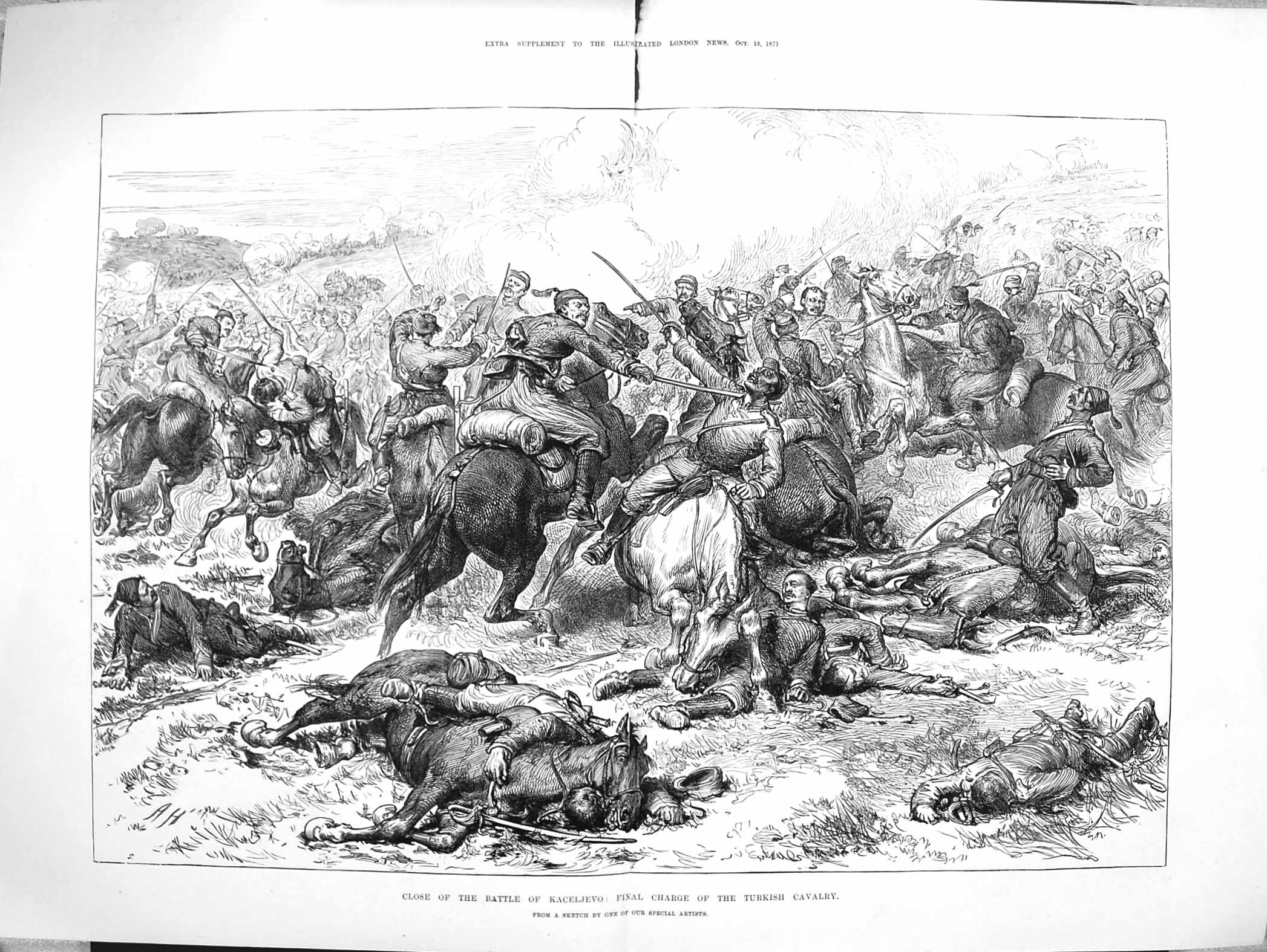Original Old Antique Print 1877 Battle Kaceljevo Charge Turkish Cavalry Horses