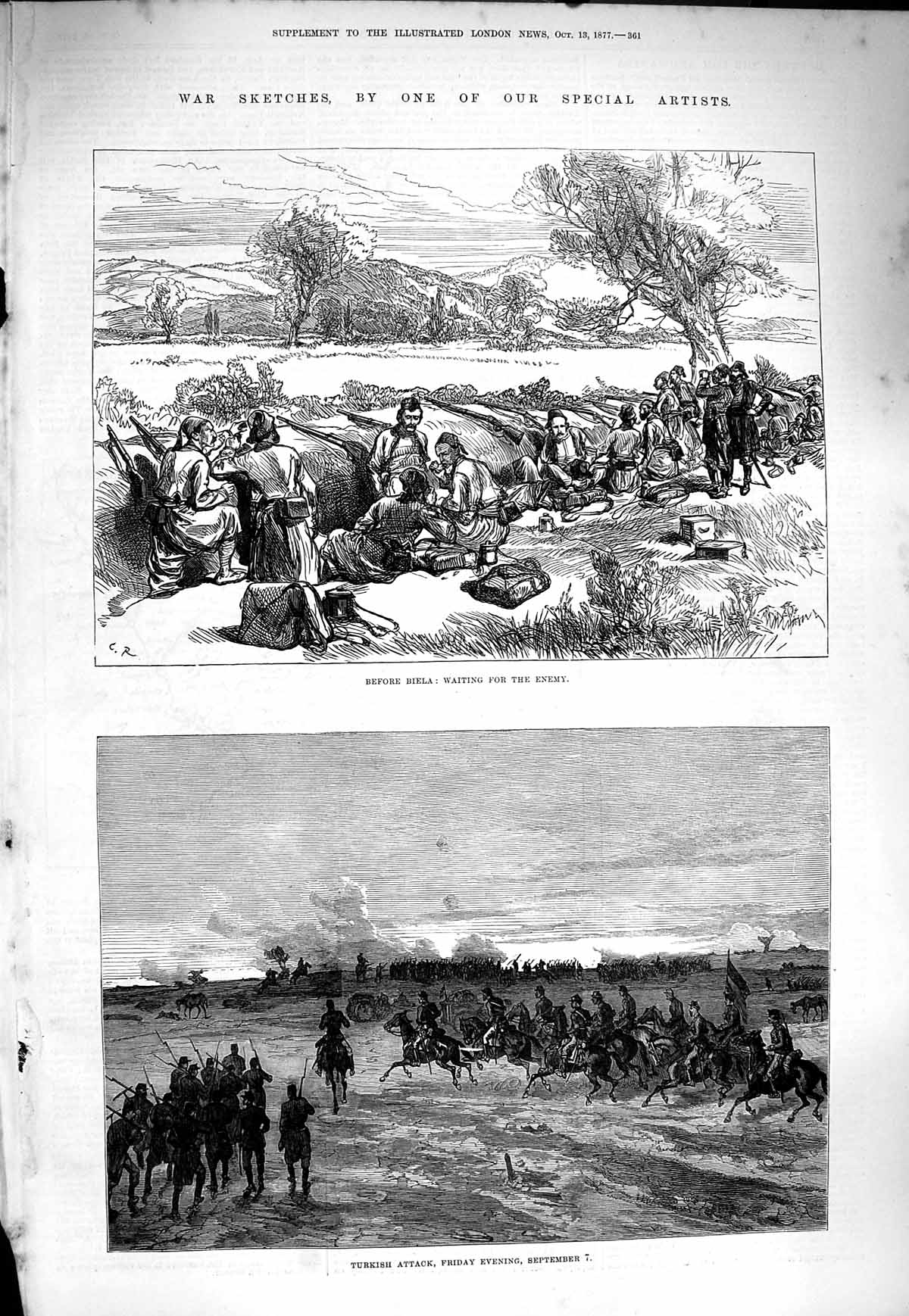 Original Old Antique Print 1877 War Biela Turkish Attack Siers Horses Fine Art
