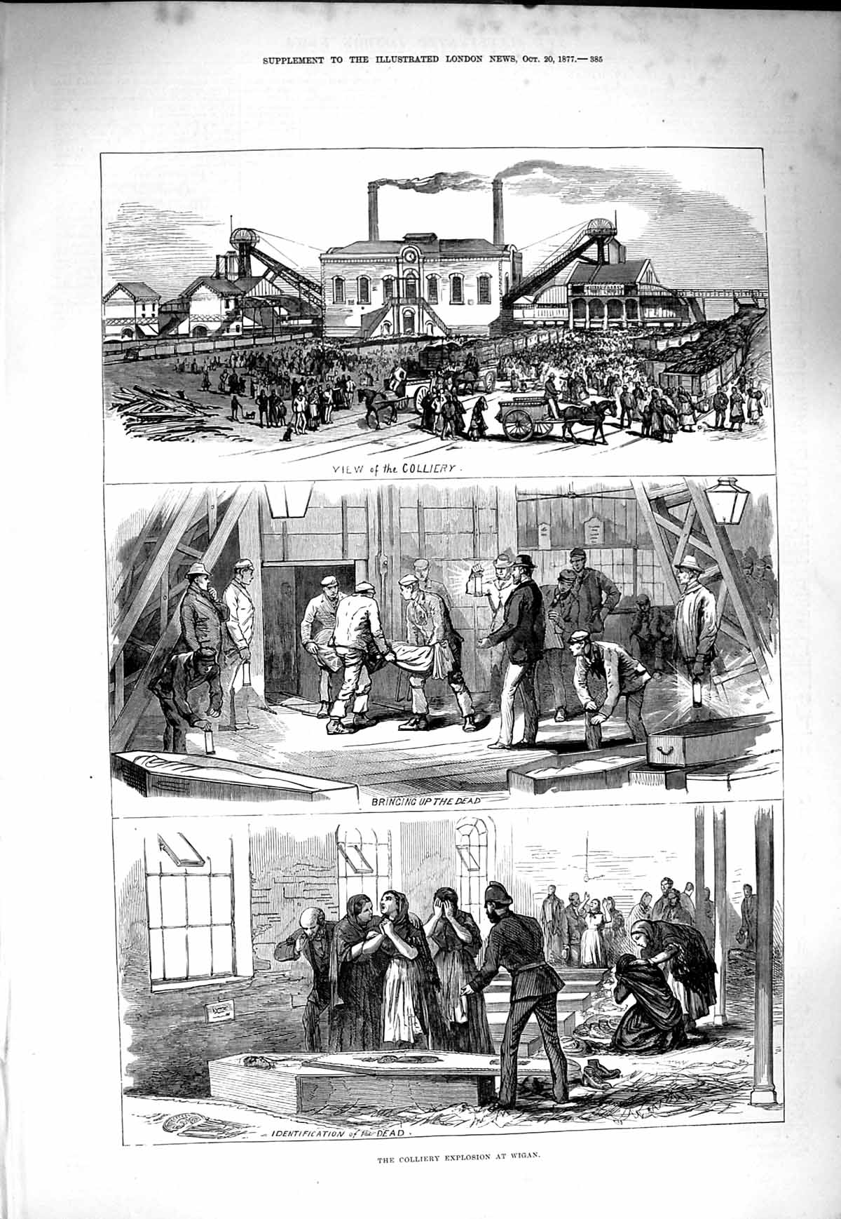 Original Old Antique Print 1877 Colliery Mining Explosion Wigan Dead Bodies