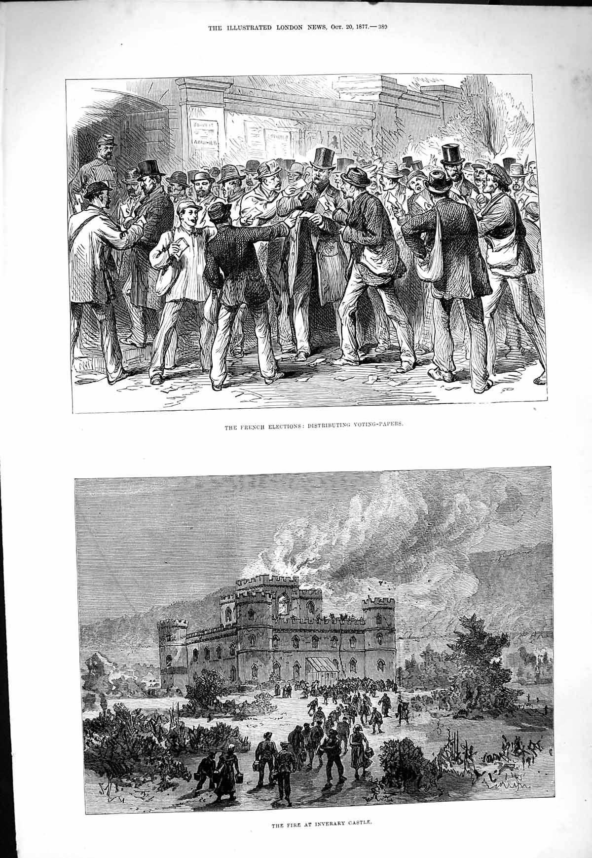 Old Antique Print 1877 French Elections Voting-Paper Fire Inverary Castle 19th
