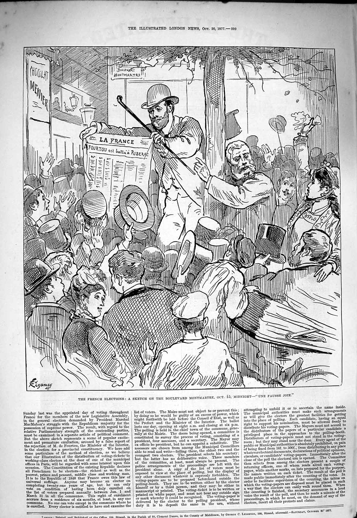 Original Old Antique Print 1877 French Elections Boulevard Montmartre Midnight