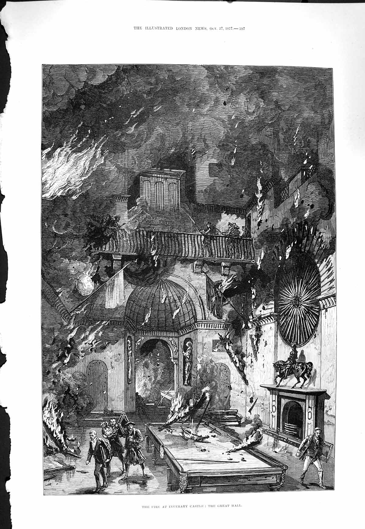 Old Antique Print 1877 Fire Inverary Castle Scotland Great Hall Fine Art 19th