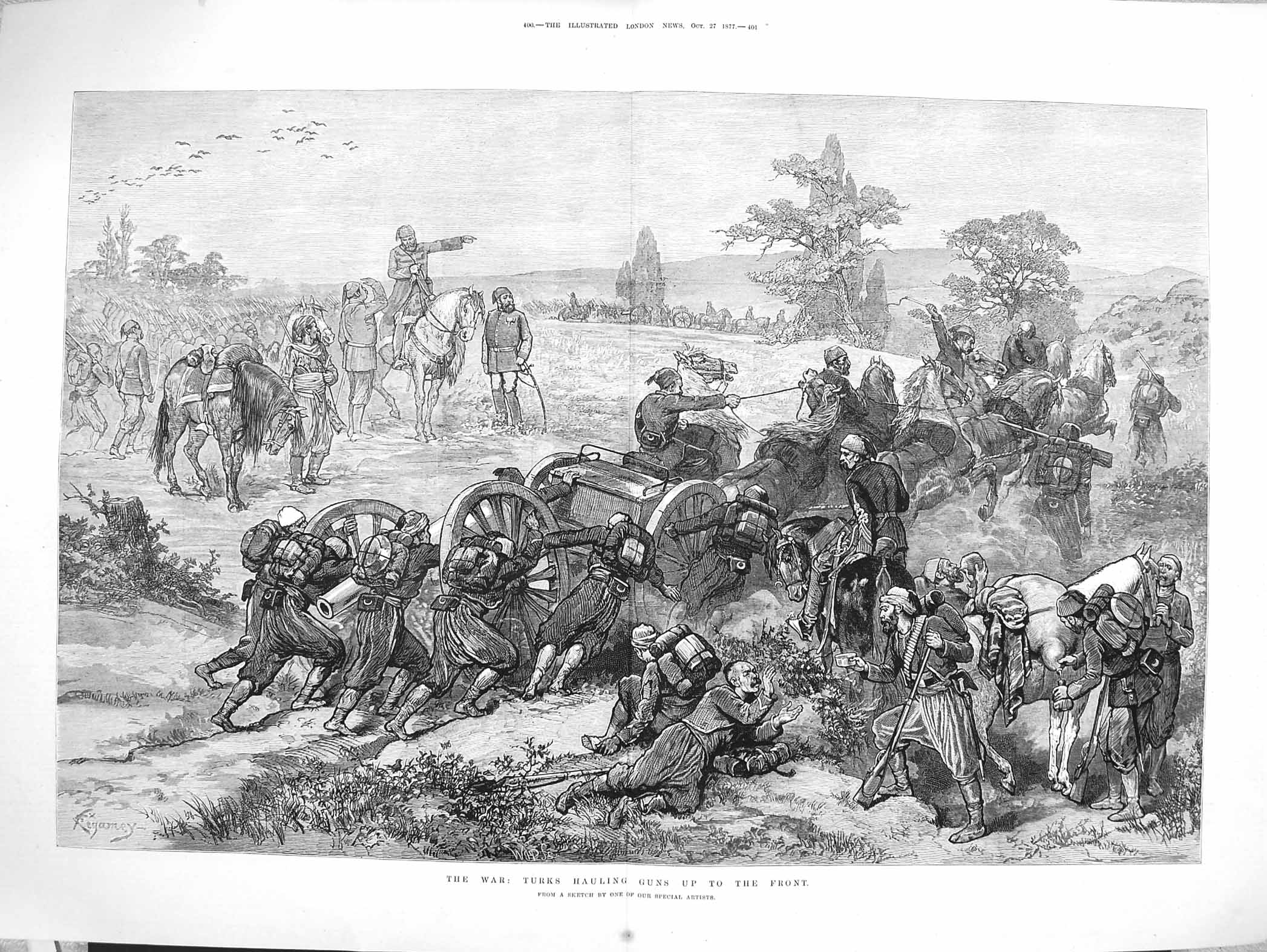 Original Old Antique Print 1877 War Turkish Siers Hauling Guns Weapons Canon