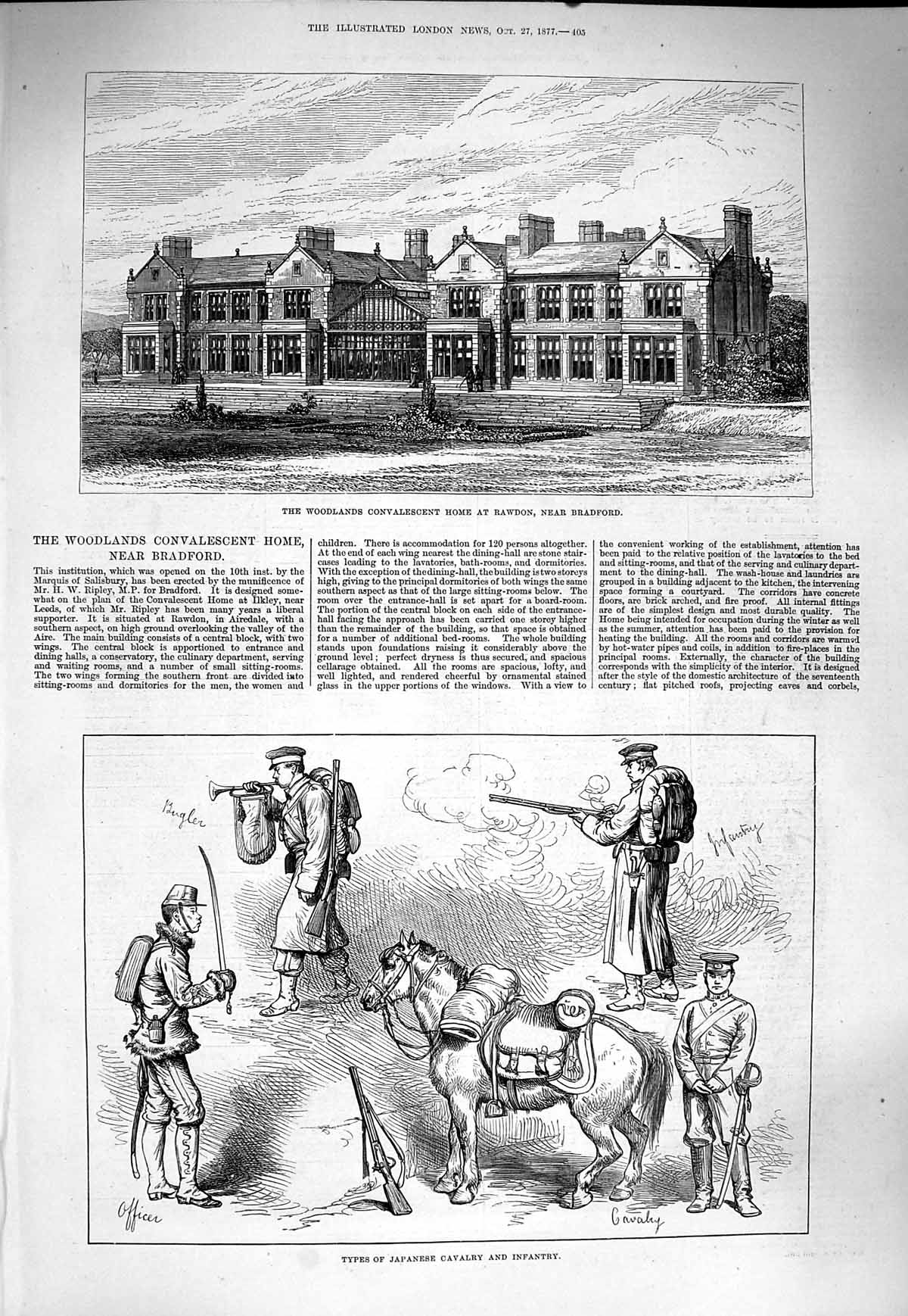 Original Old Antique Print 1877 Woodlands Convalescent Rawdon Bradford Japan