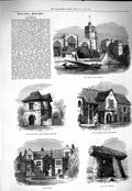 Old Antique Print 1877 Church College Maidstone Kit'S Coty House Palace 19th