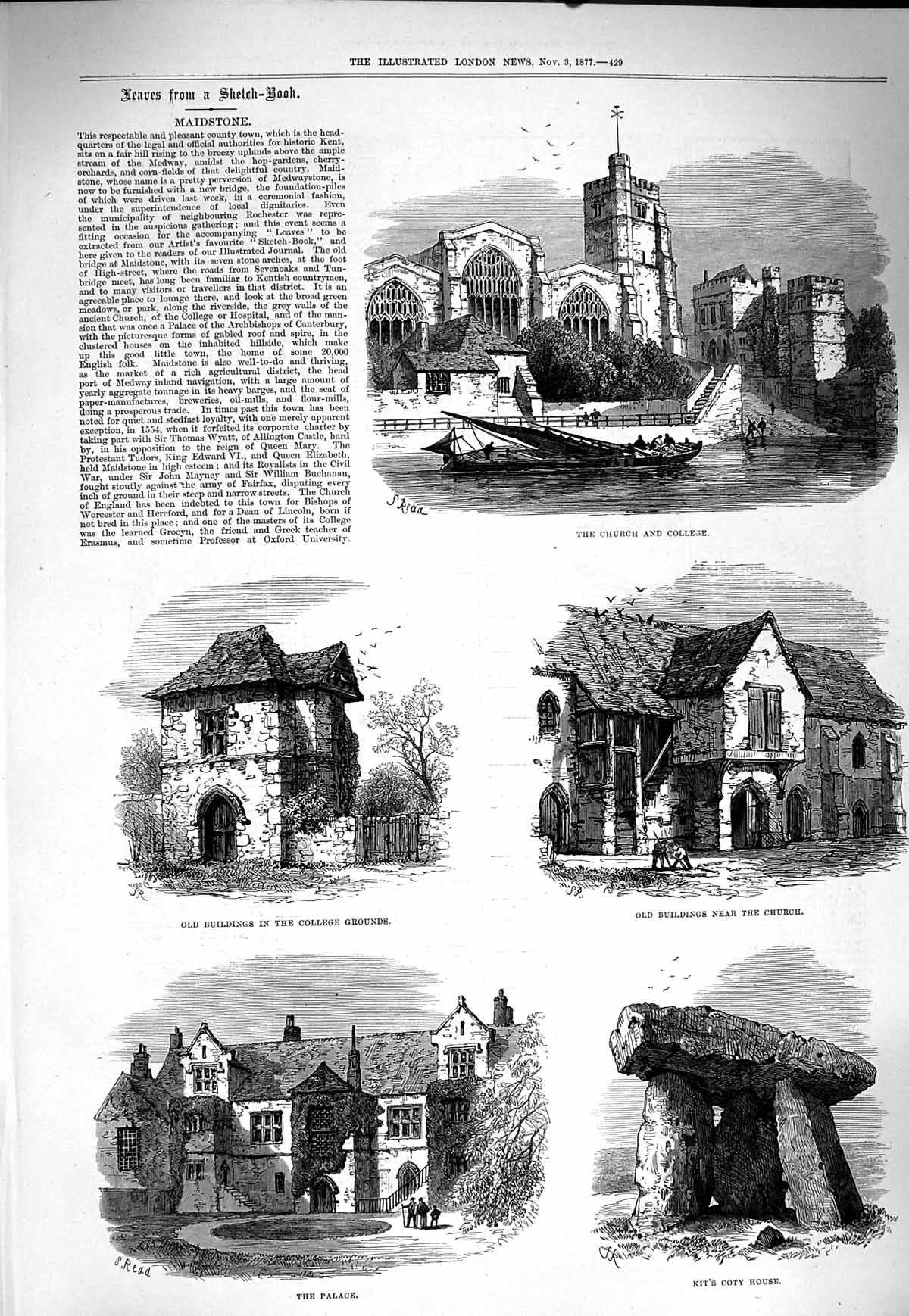 Old Antique Print 1877 Church College Maidstone Kit'S Coty House Palace 19th