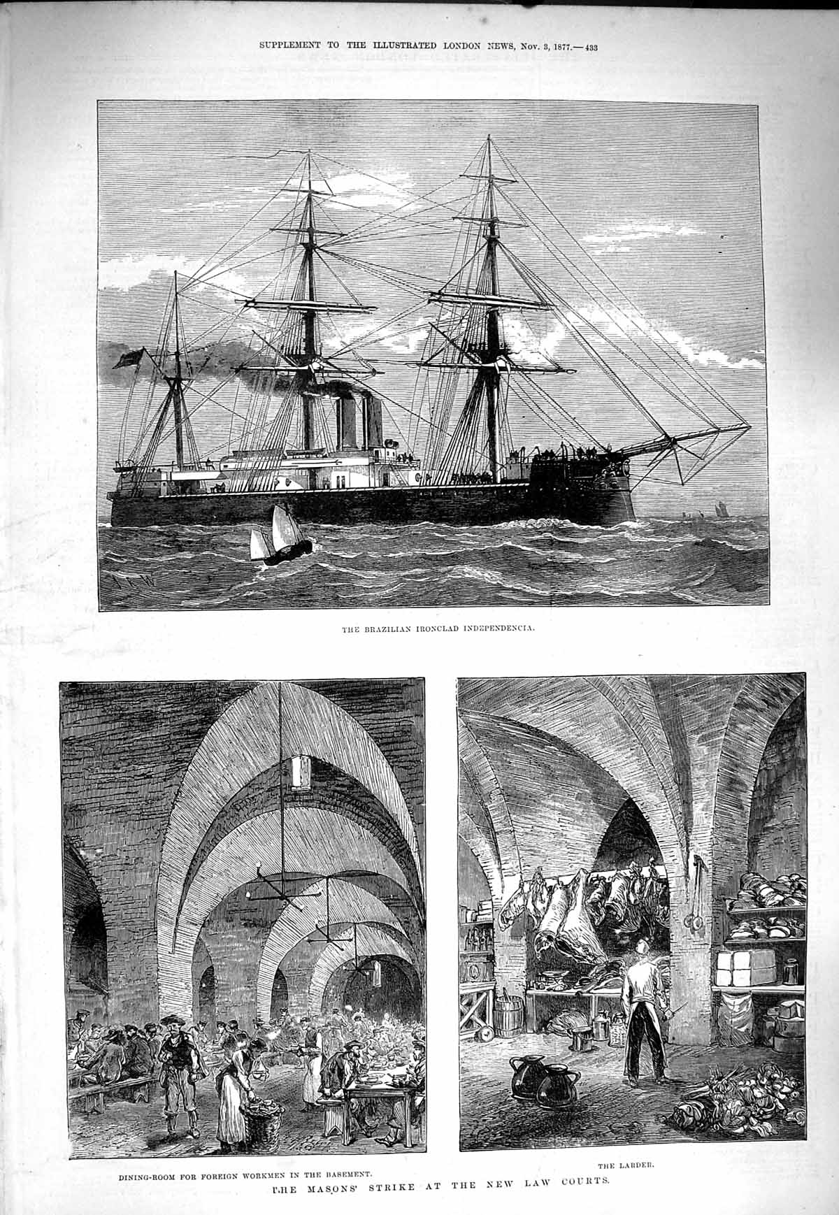 Old Antique Print 1877 Brazilian Ironclad Independencia Masons Strike Law 19th
