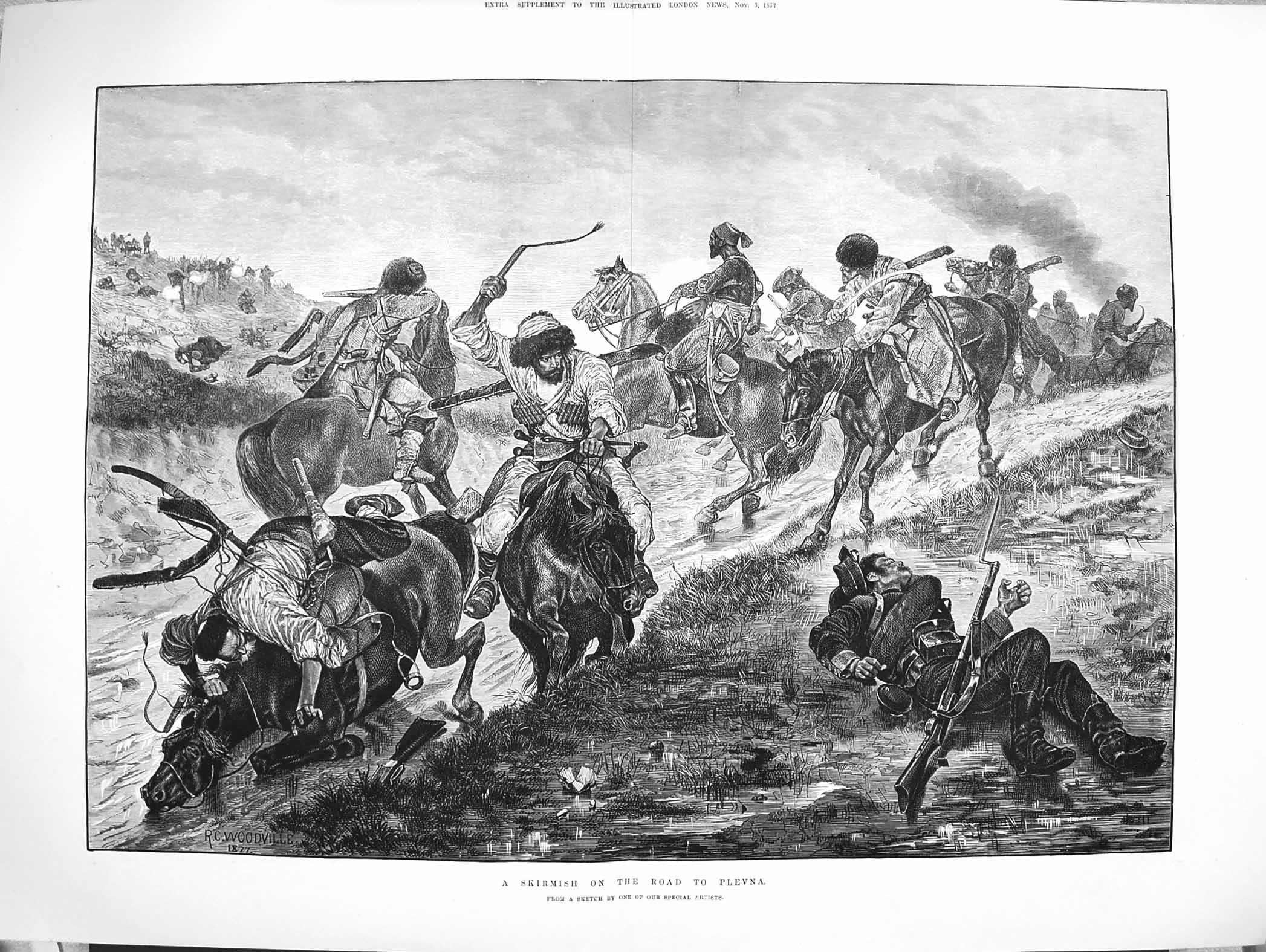 Original Old Antique Print 1877 Skirmish Road Plevna Siers Cossacks Victorian
