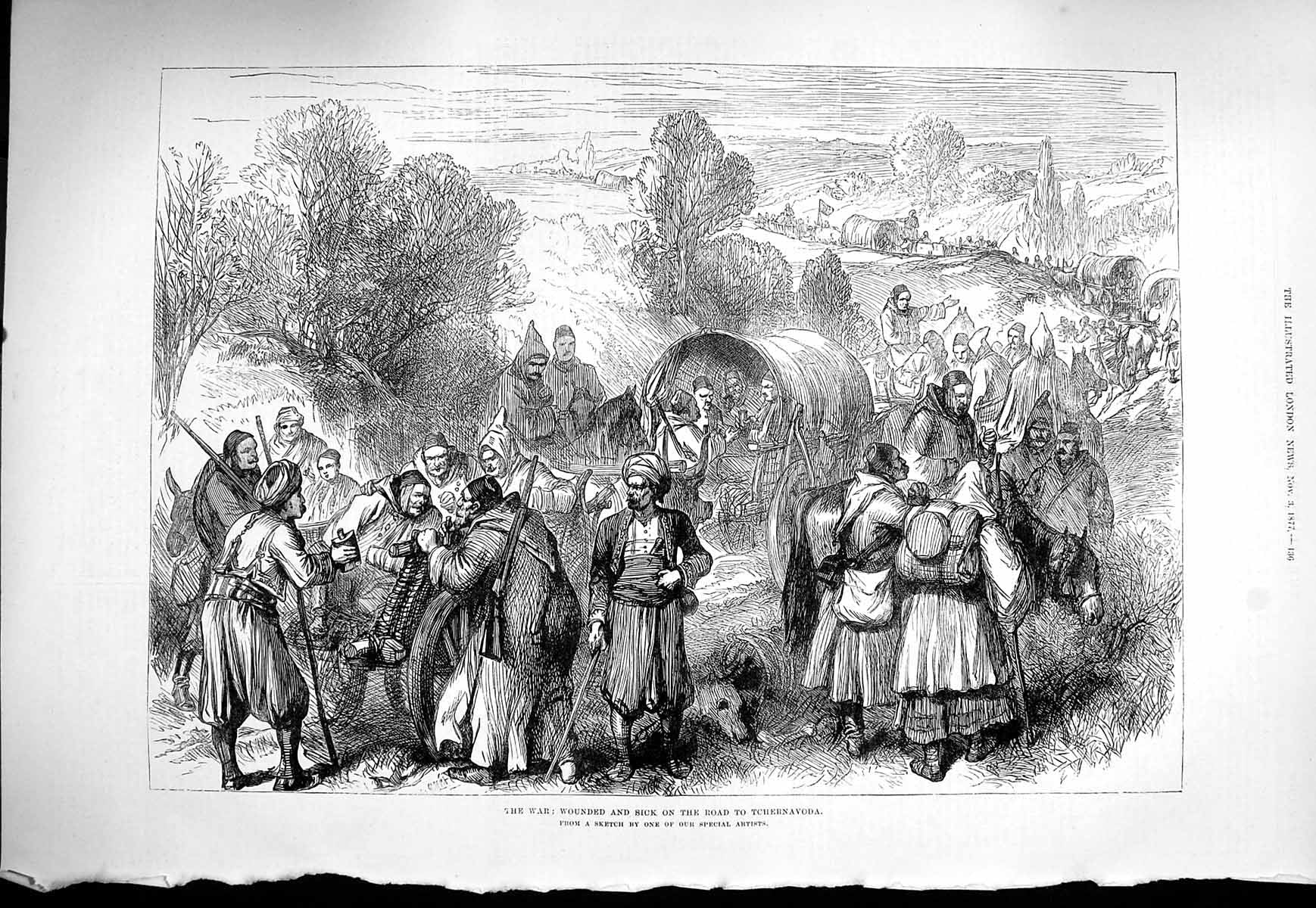 Original Old Antique Print 1877 War Wounded Sick Road Tchernavoda Horses Waggon
