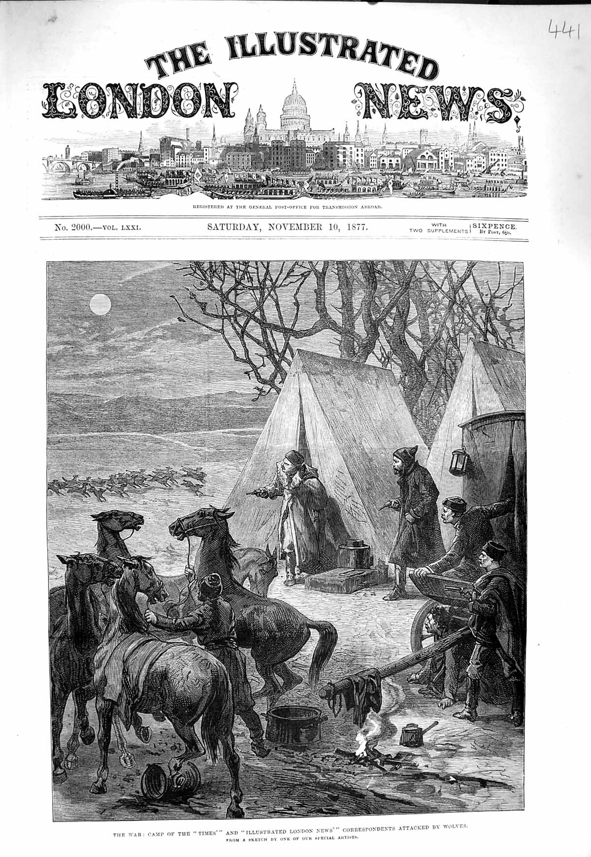 Original Old Antique Print 1877 War Camp Times Iln News Correspondants Wolves