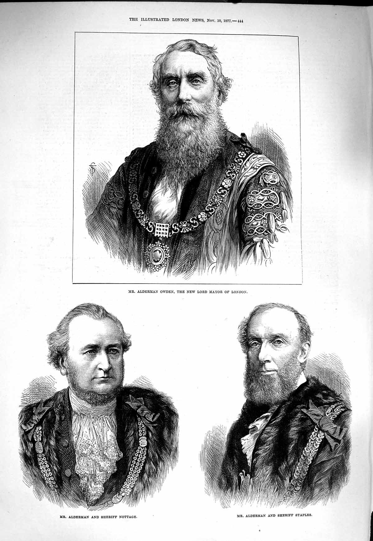 Original Old Antique Print 1877 Alderman Owden Mayor London Nottage Staples
