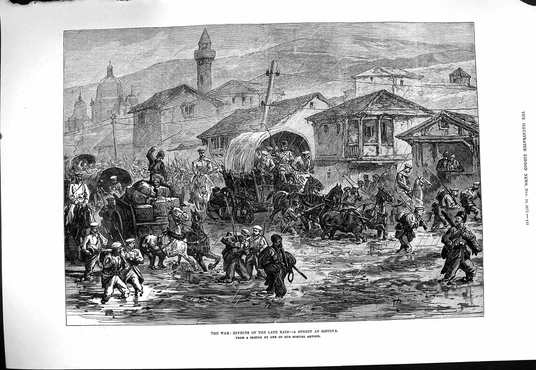 Original Old Antique Print 1877 War Rain Floods Street Sistova Horses Carriage