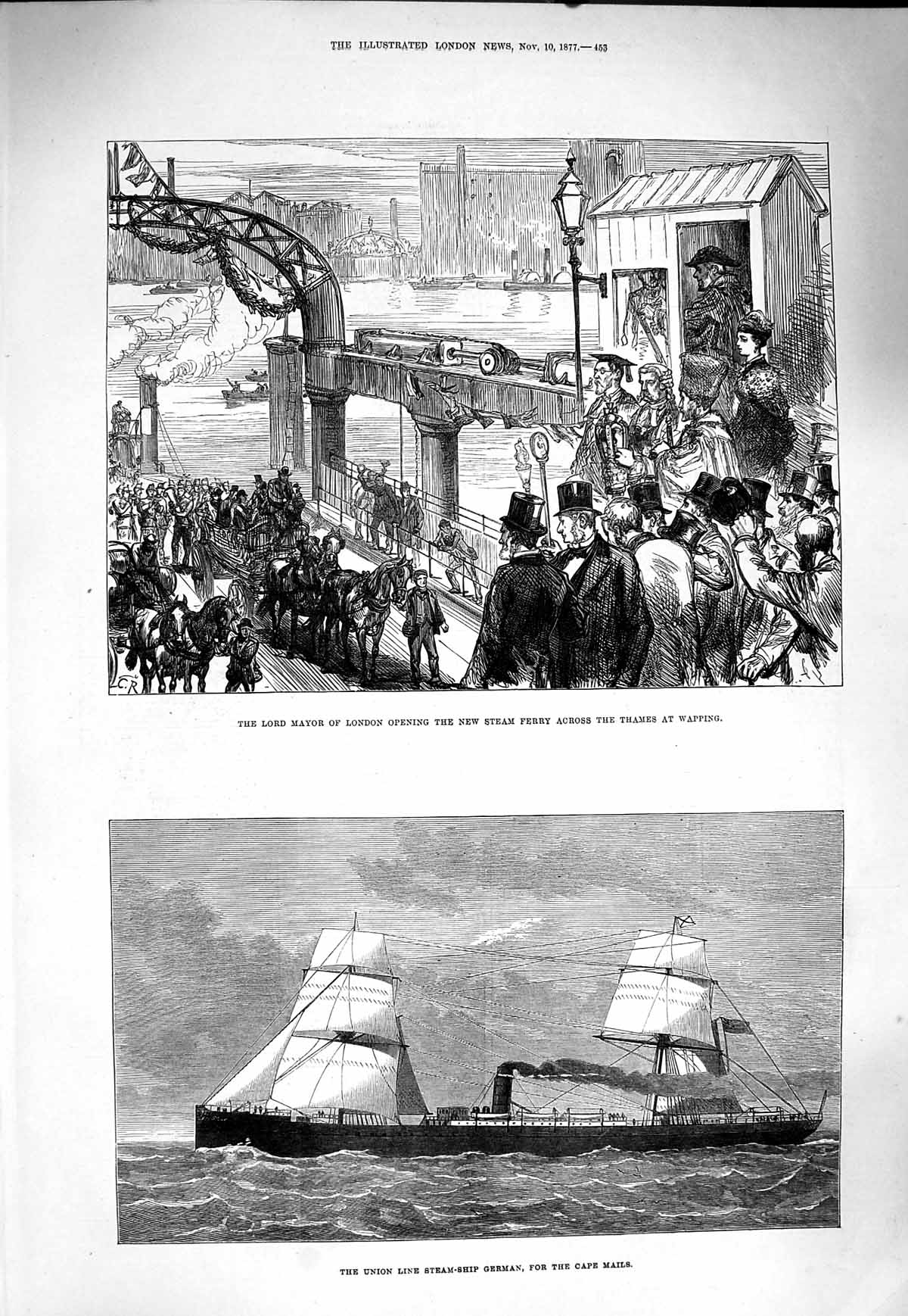 Old Antique Print 1877 Lord Mayor London Steam Ferry Thames German Ship 19th