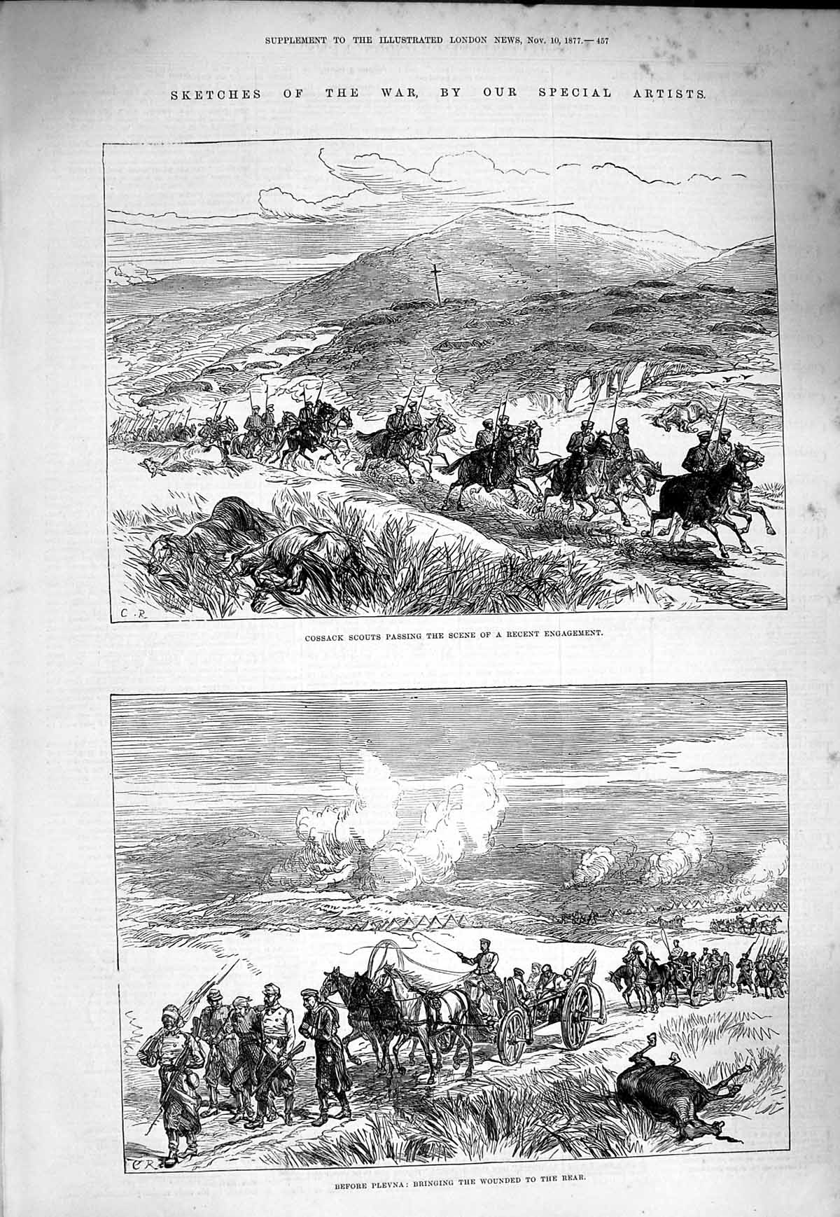 Original Old Antique Print 1877 Cossack Scouts War Plevna Bringing Wounded Rear