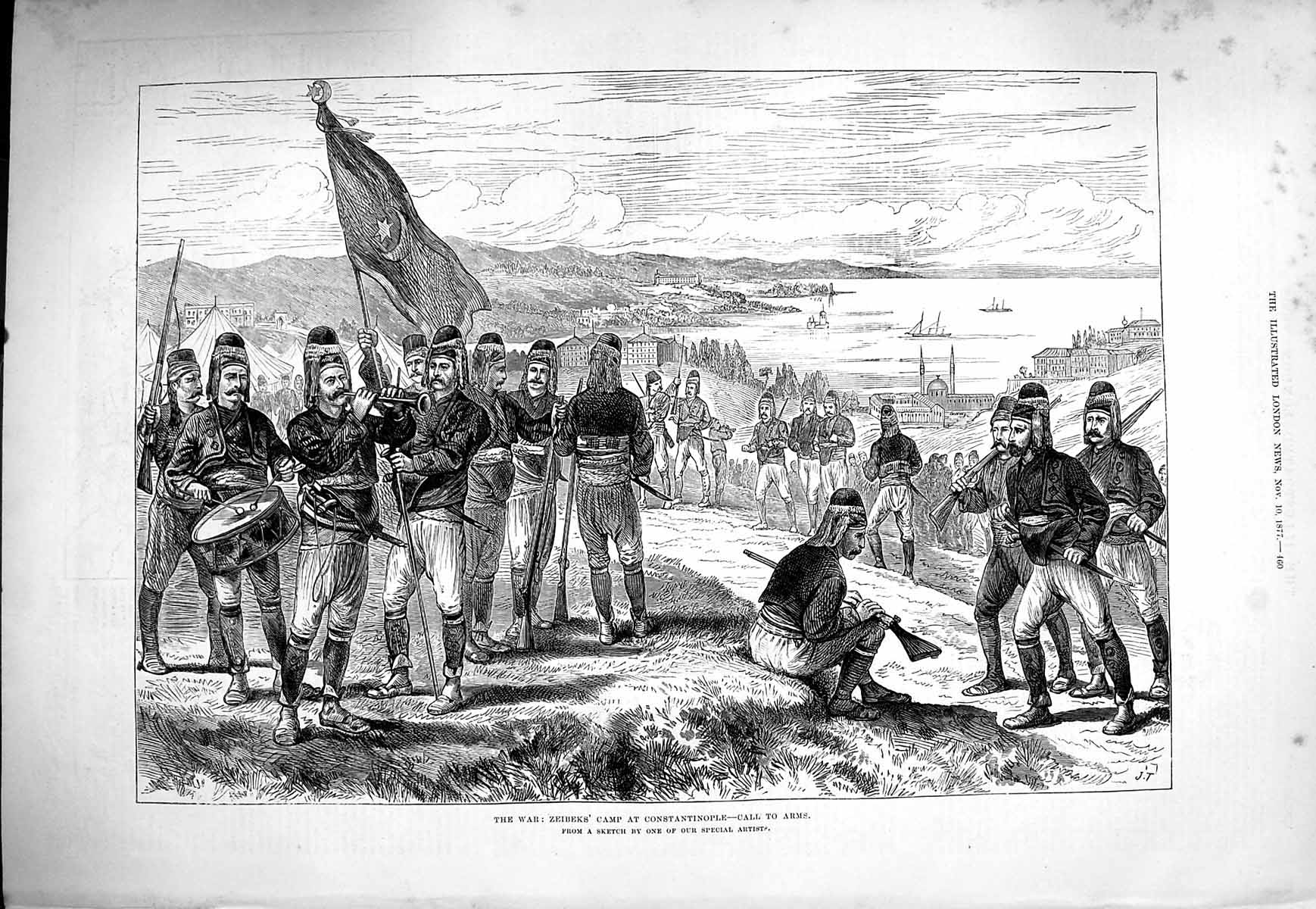 Original Old Antique Print 1877 War Zeibeks Camp Constantinople Siers Call Arms