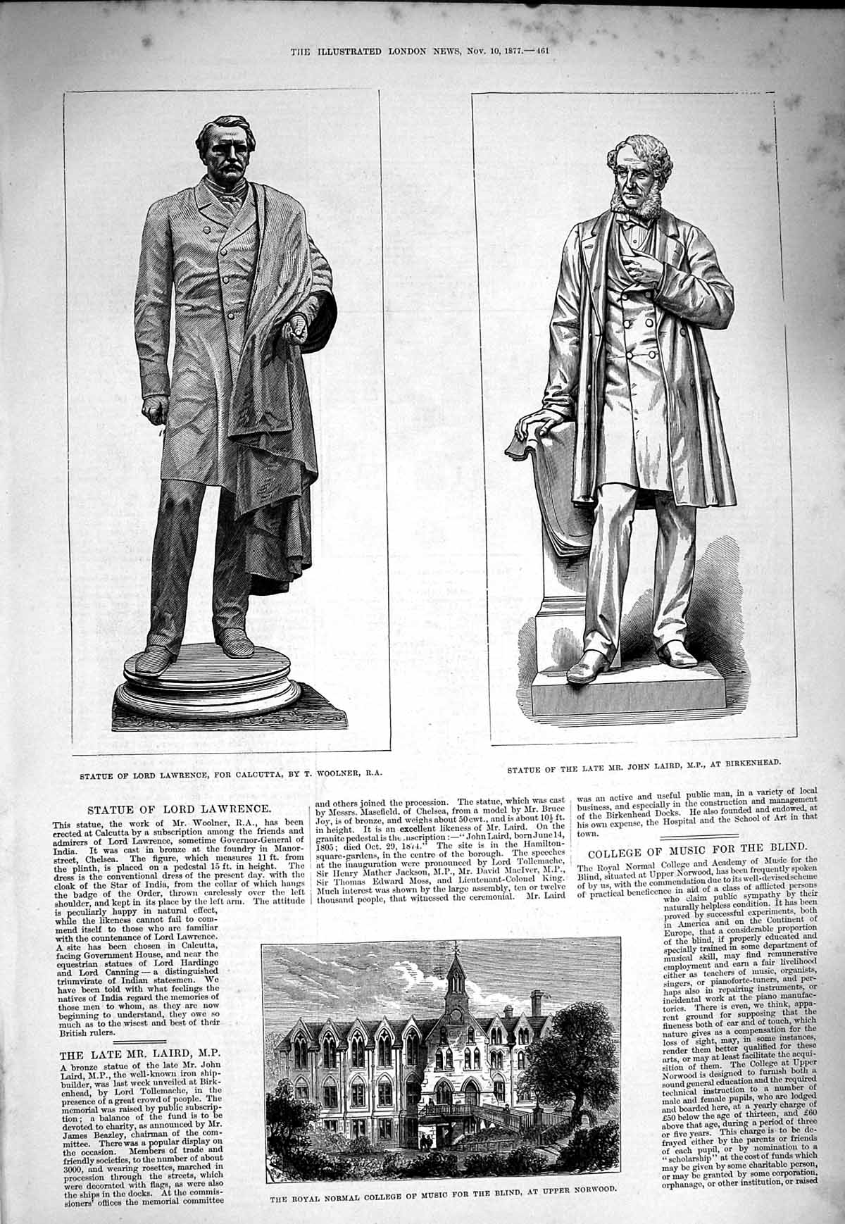 Original Old Antique Print 1877 Statue Lord Lawrence Laird College Music Blind