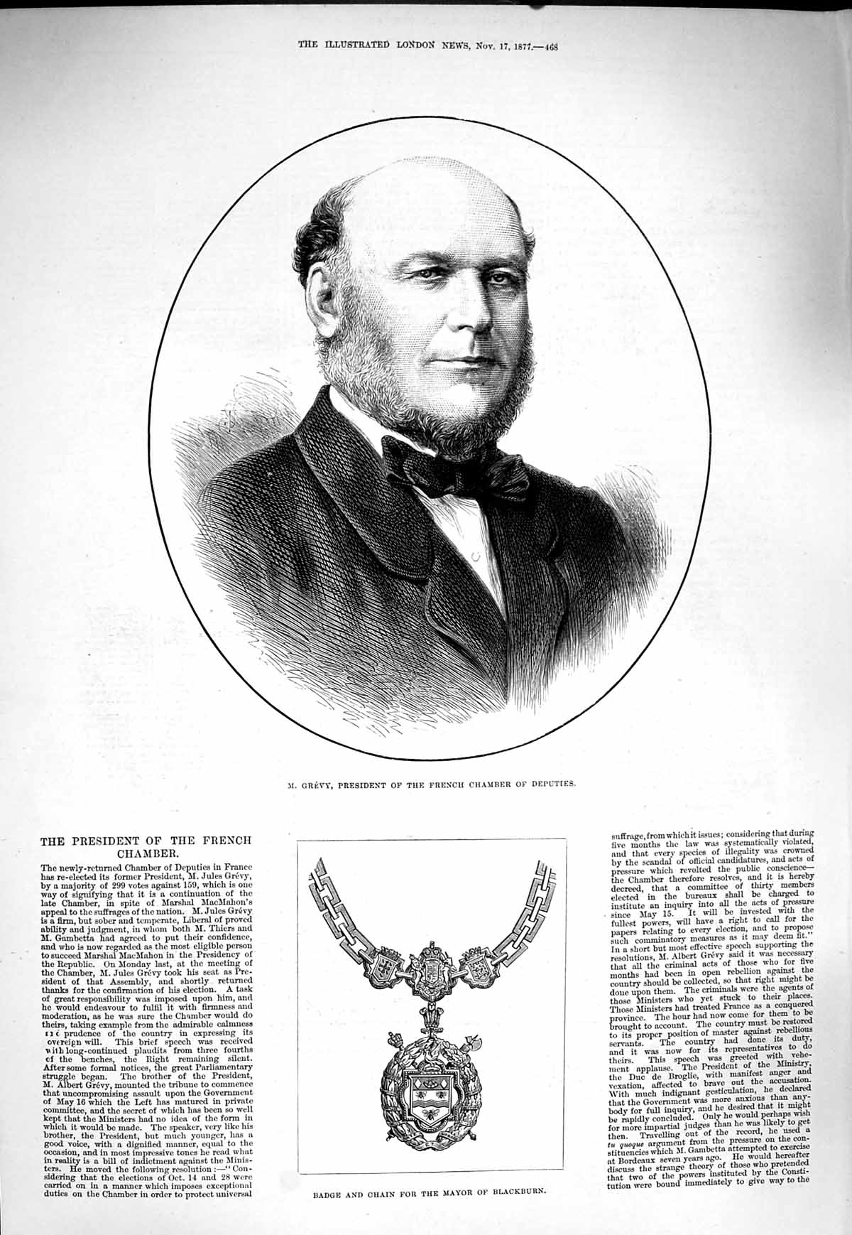 Original Old Antique Print 1877 Grevy French Chamber Deputies Mayor Blackburn