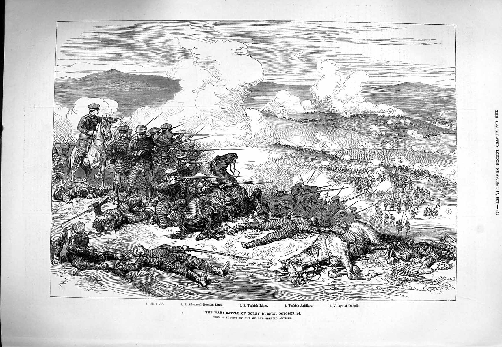 Original Old Antique Print 1877 War Battle Gorny Dubnik Russian Turkish Siers