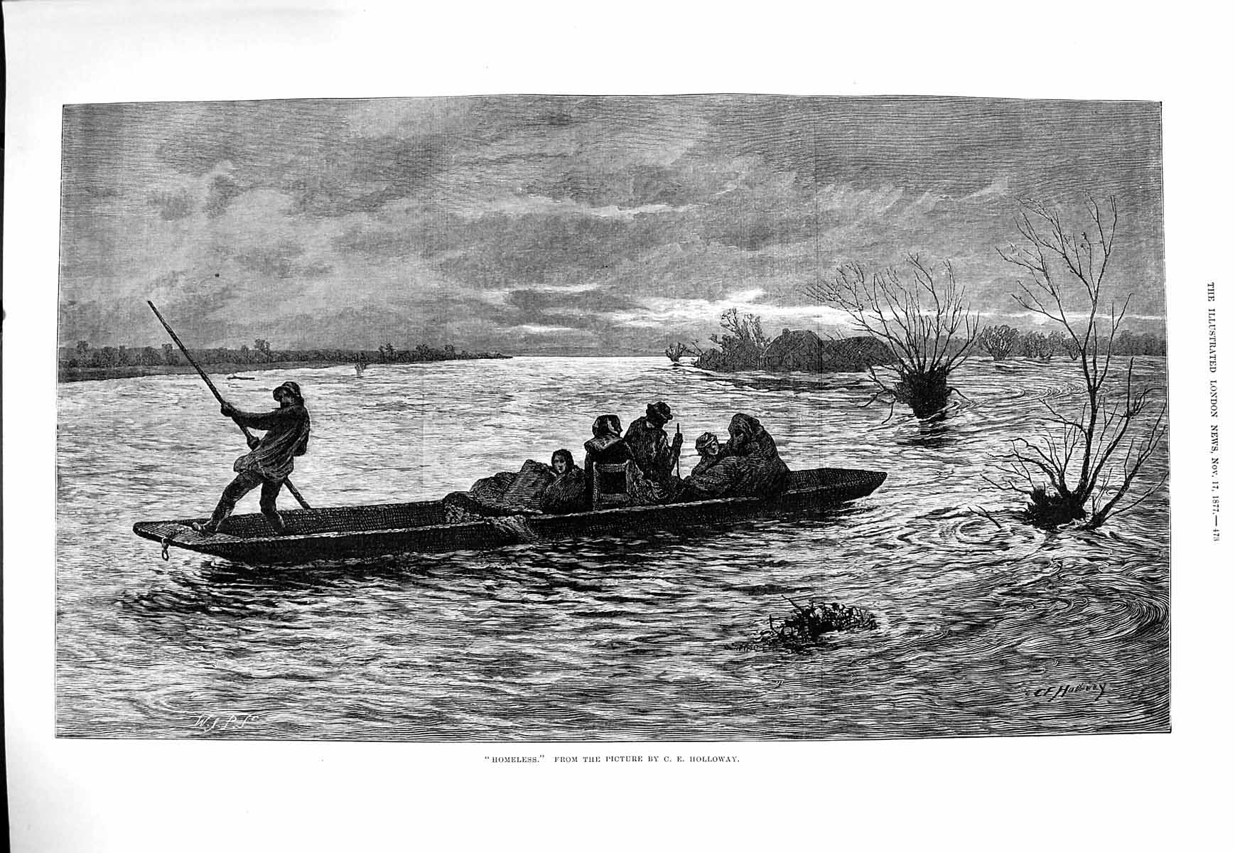 Original Old Antique Print 1877 Homeless River Boat Family Holloway Fine Art