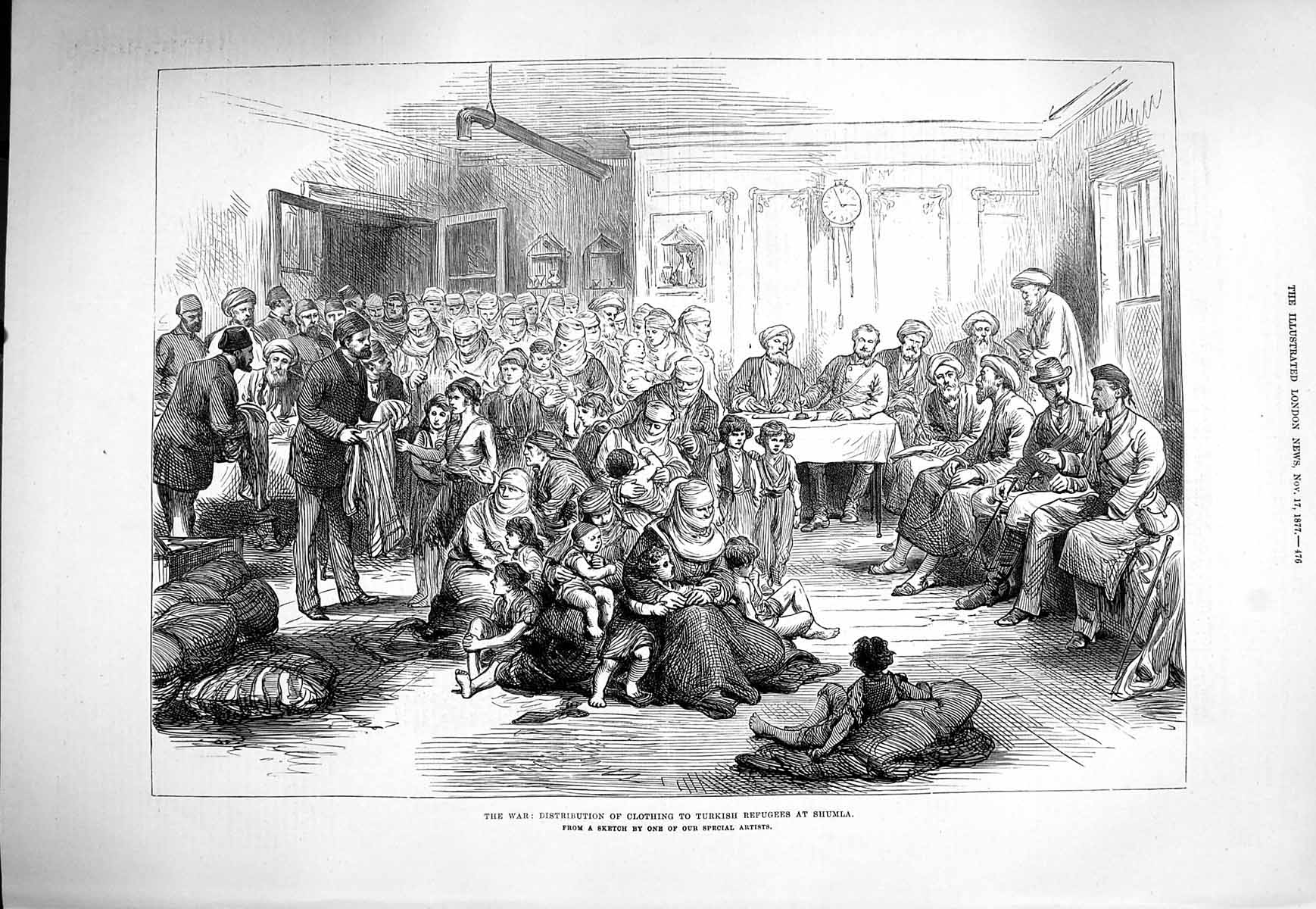 Antique Print *4030 1877 War Distribution Clothing Turkish Refugees Shumla