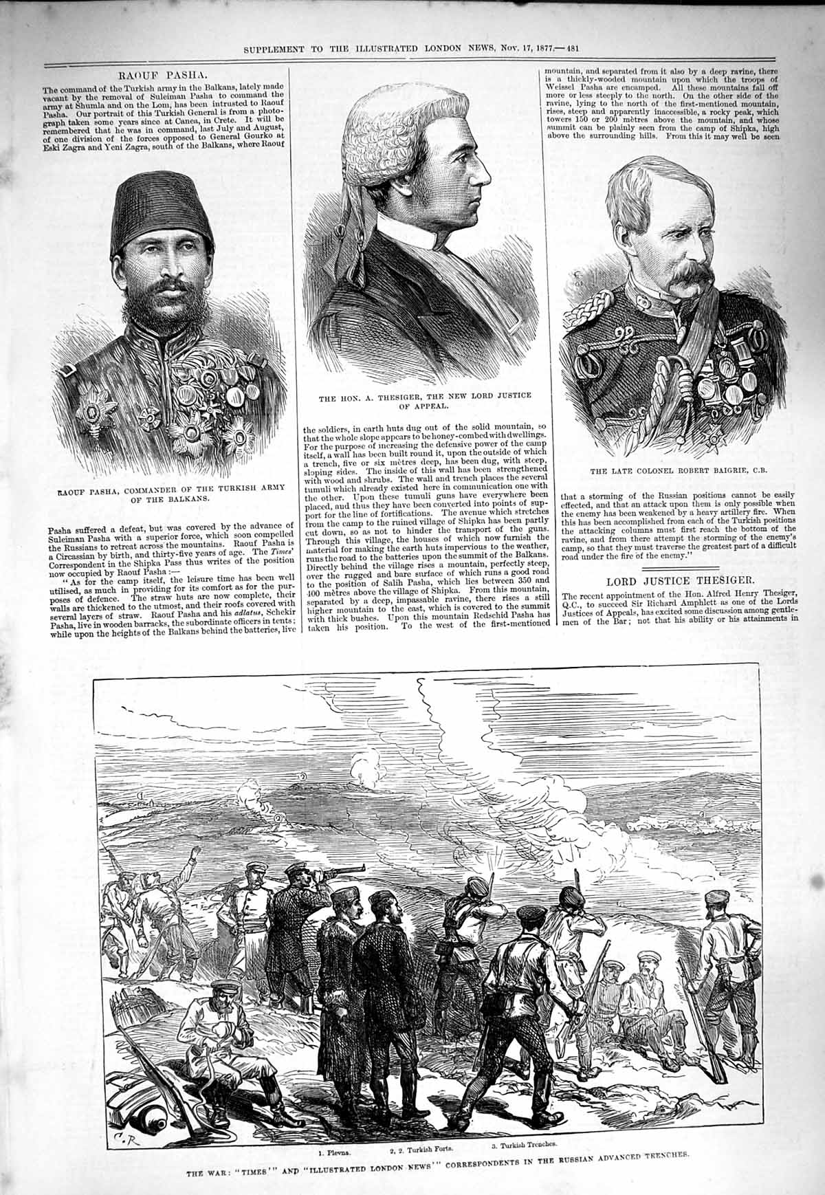 Original Old Antique Print 1877 War Plevna Turkish Forts Pasha Thesiger Baigrie
