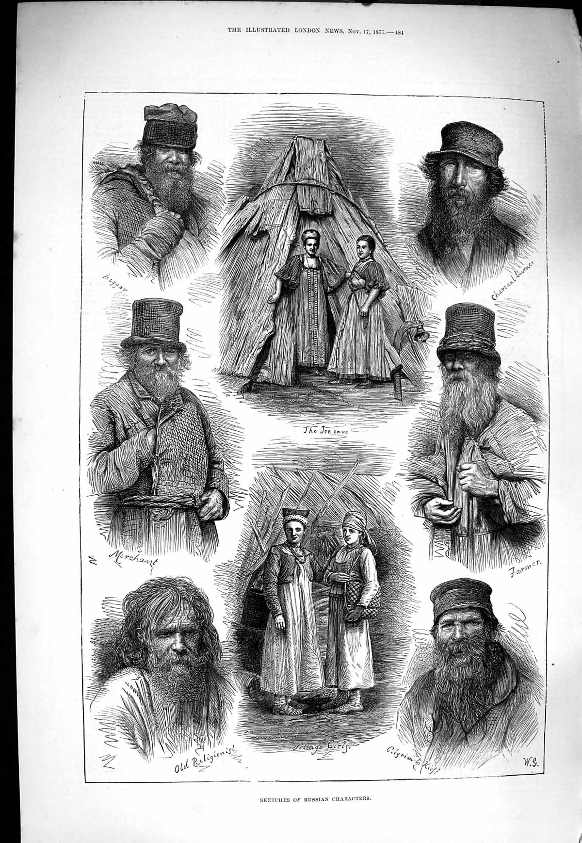 Original Old Antique Print 1877 Russian Characters Pilgrim Merchant Farmer Men