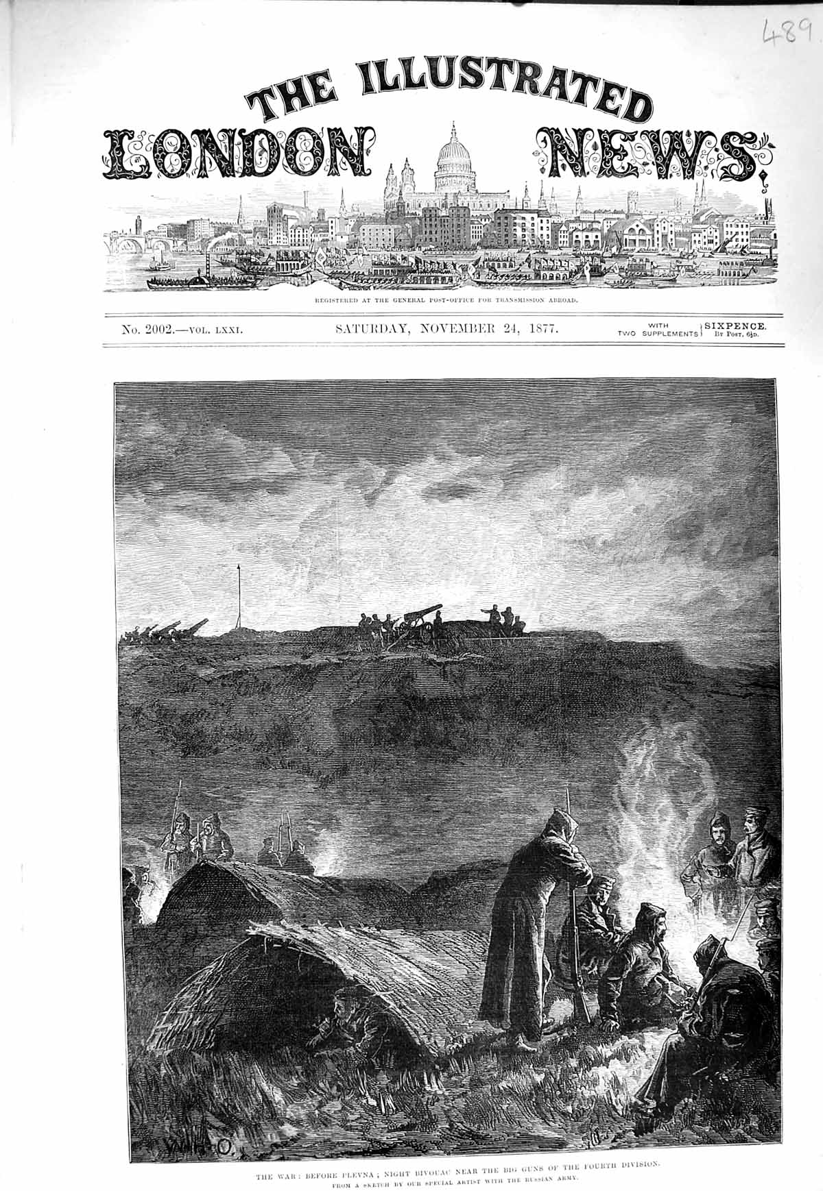 Old Antique Print 1877 War Plevna Night Bivouac Big Guns Fourth Division 19th