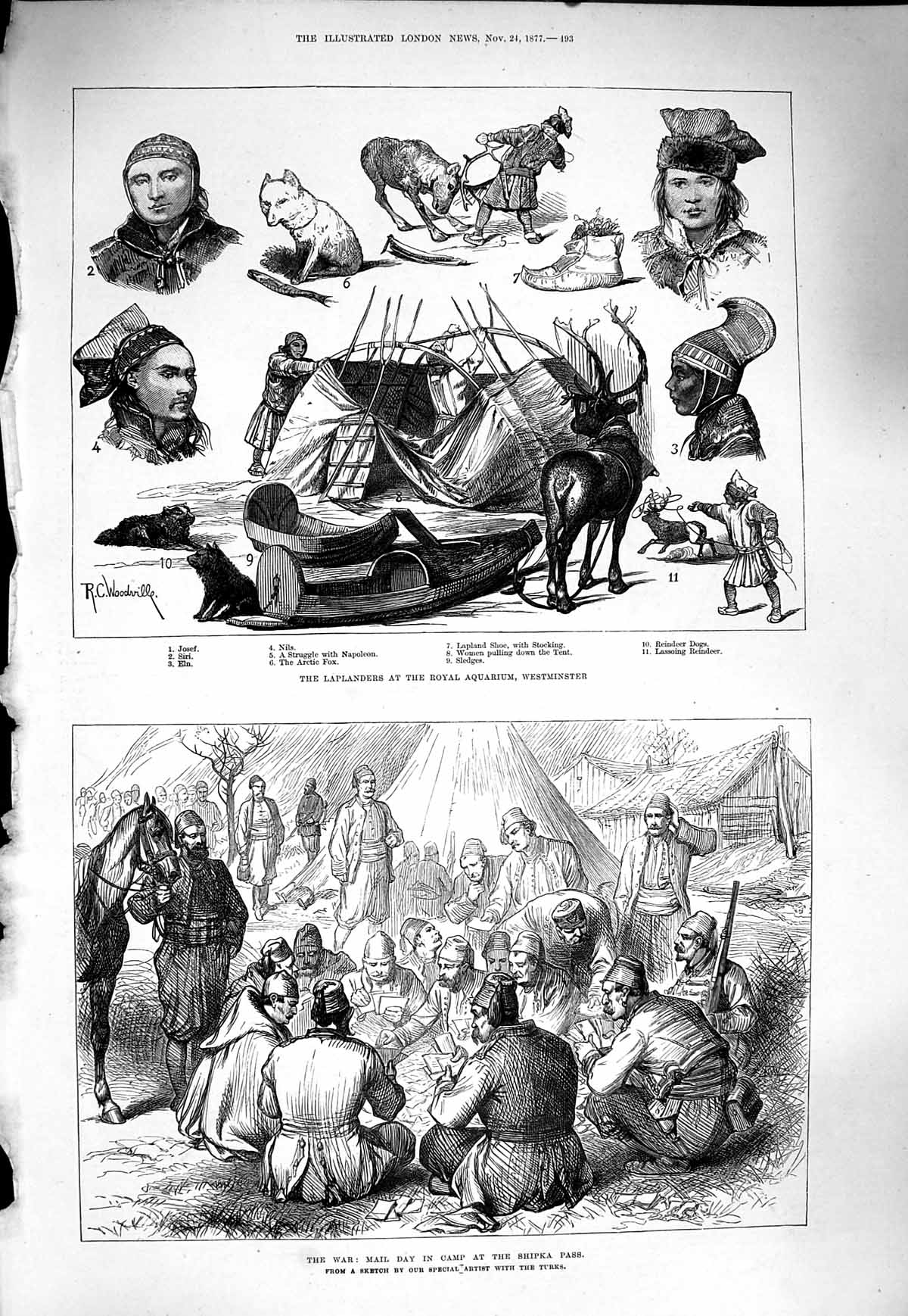 Old Antique Print 1877 War Mail Camp Shipka Pass Laplanders Westminster 19th