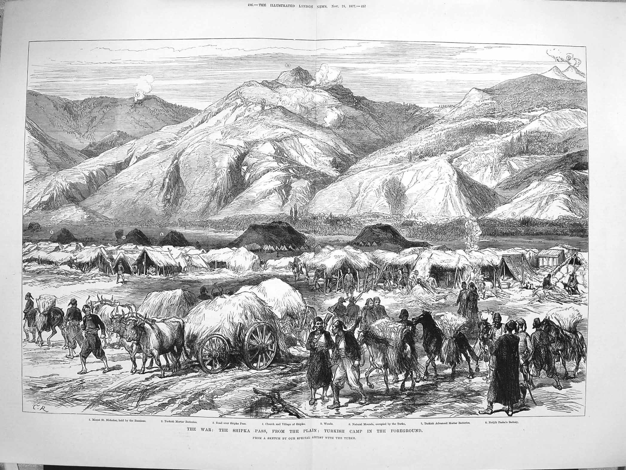Old Antique Print 1877 War Shipka Pass Turkish Camp Mount Nicholas Pasha 19th