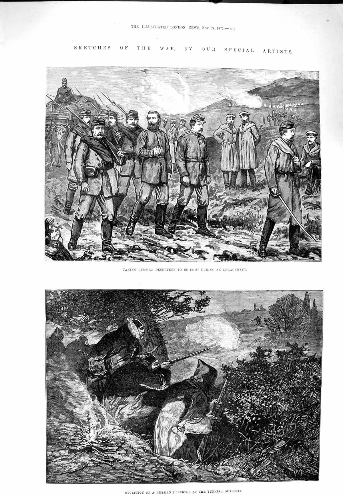 Original Old Antique Print 1877 War Russian Deserters Shot Turkish Outpost Army